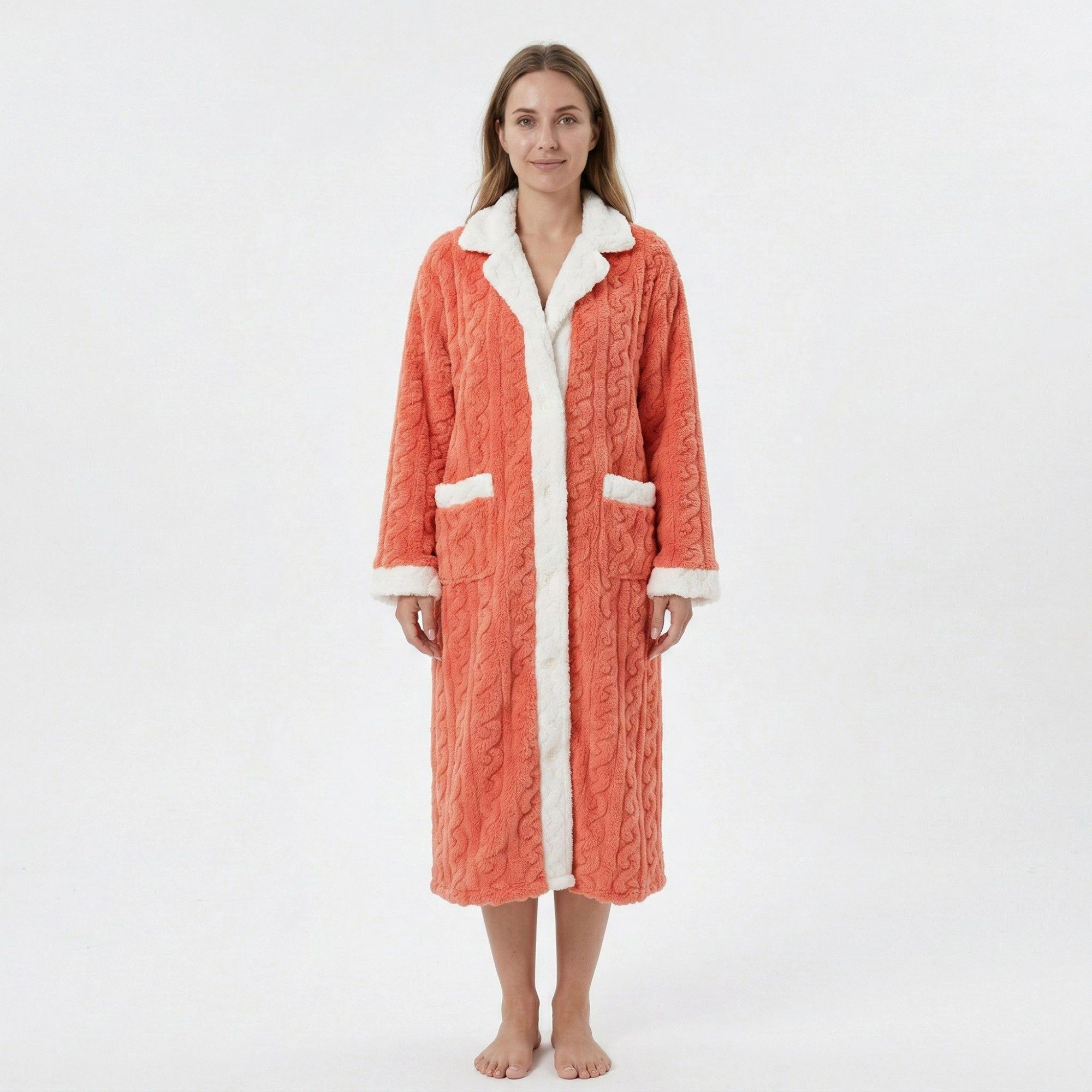 Anna-Kaci Women's Plush Bathrobe with Textured Cable Pattern Contrast Trim Button Front Closure and Pockets