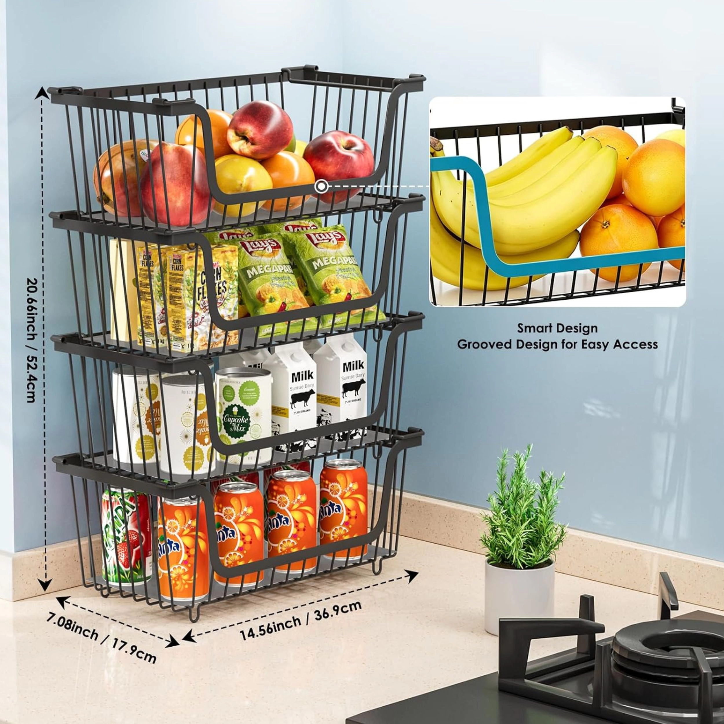 Stock Preferred Pack of 4 Stackable Wire Pantry Storage Basket Organizer Set
