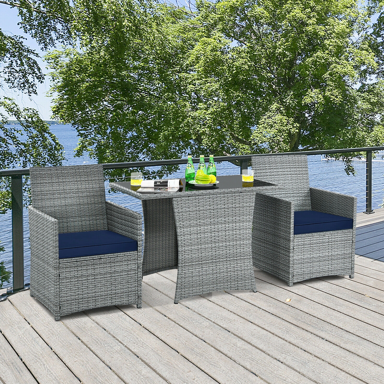 SUGIFT Patio Rattan Conversation Set with Cushioned Armrest Chairs 110-lb Table and 350-lb Chair Capacity Navy Cushion