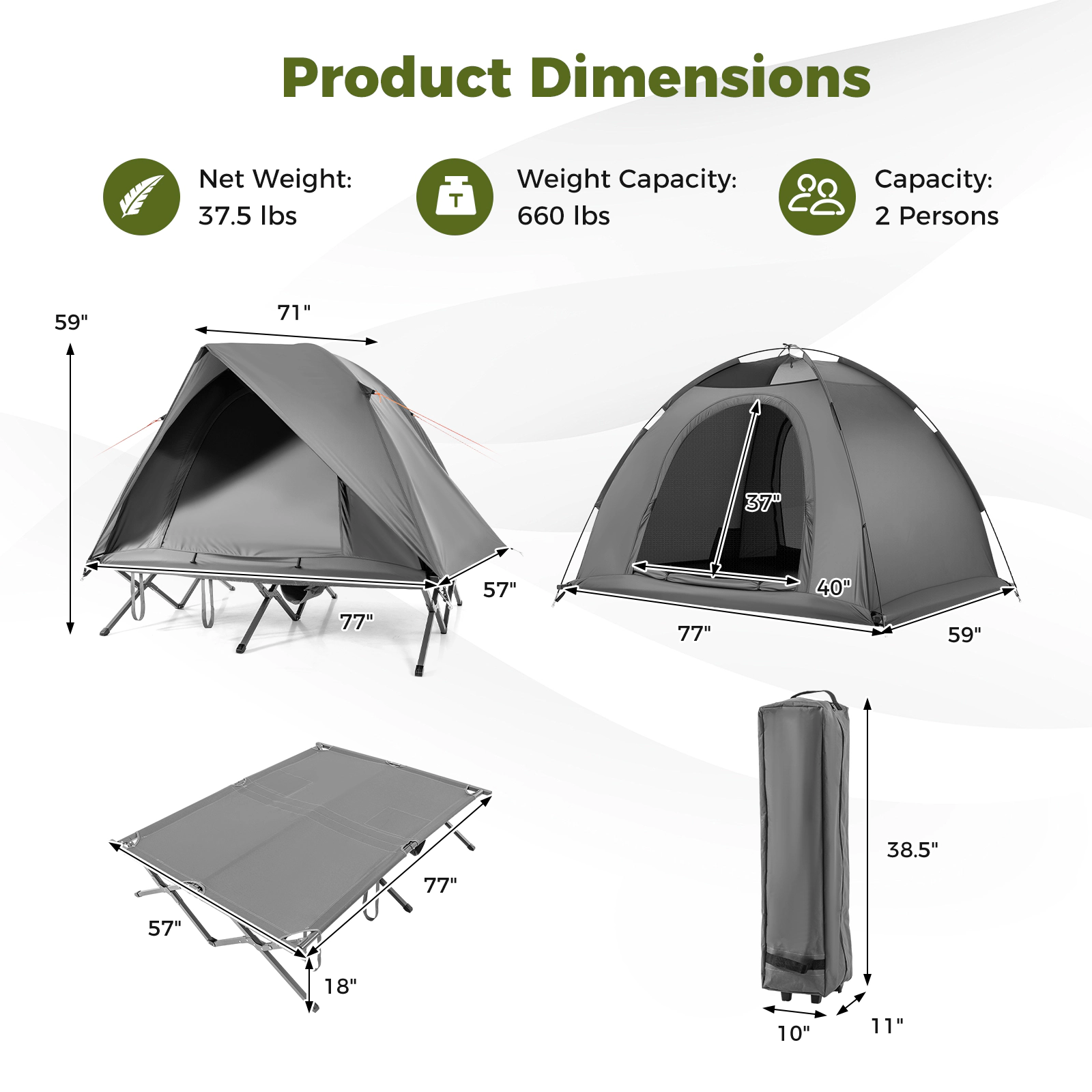 LJG 2-Person Camping Cot Tent Foldable Off-Ground Camping Combo for Adults