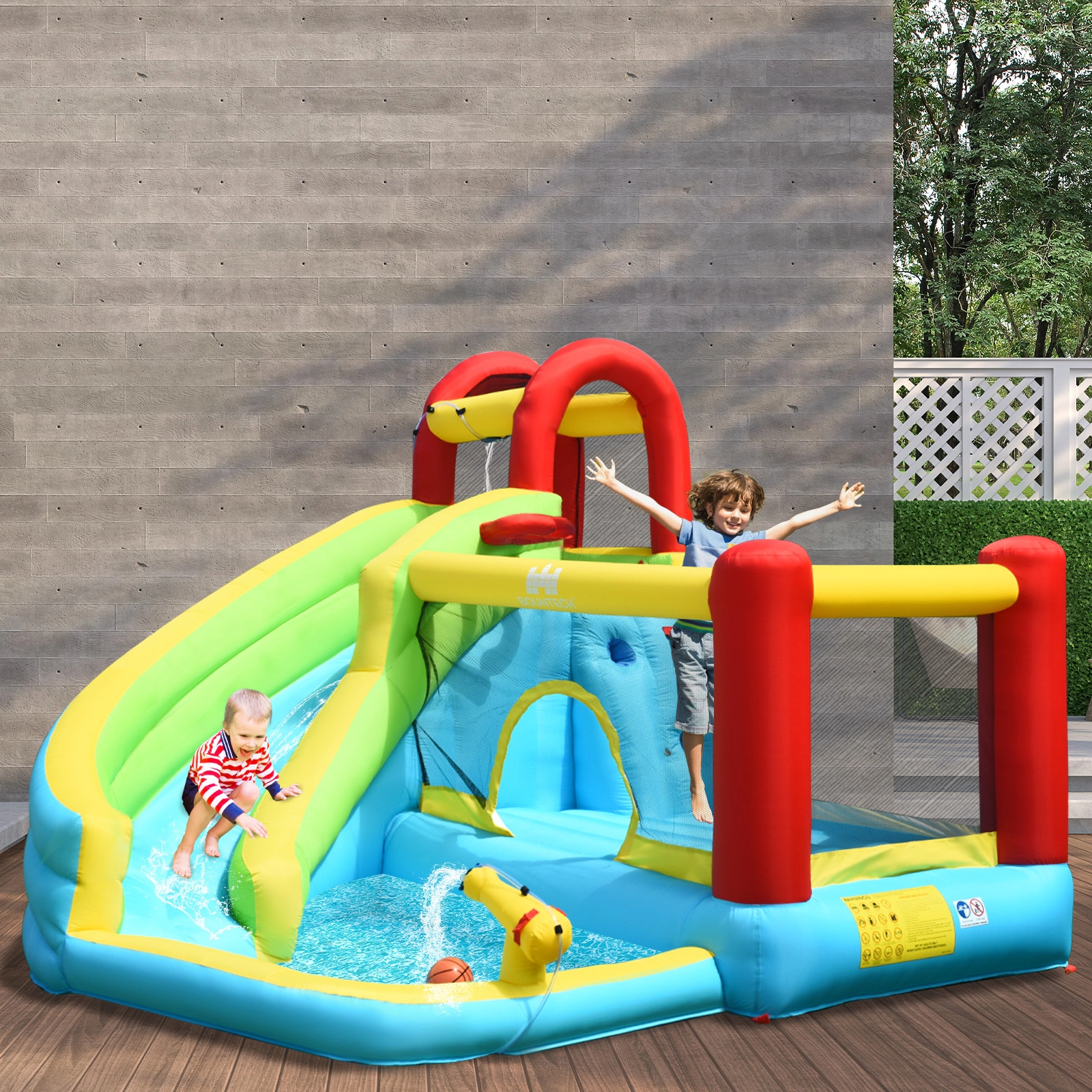 LJG Kids 6-in-1 Inflatable Bounce House with Climbing Wall and Basketball Hoop without Blower