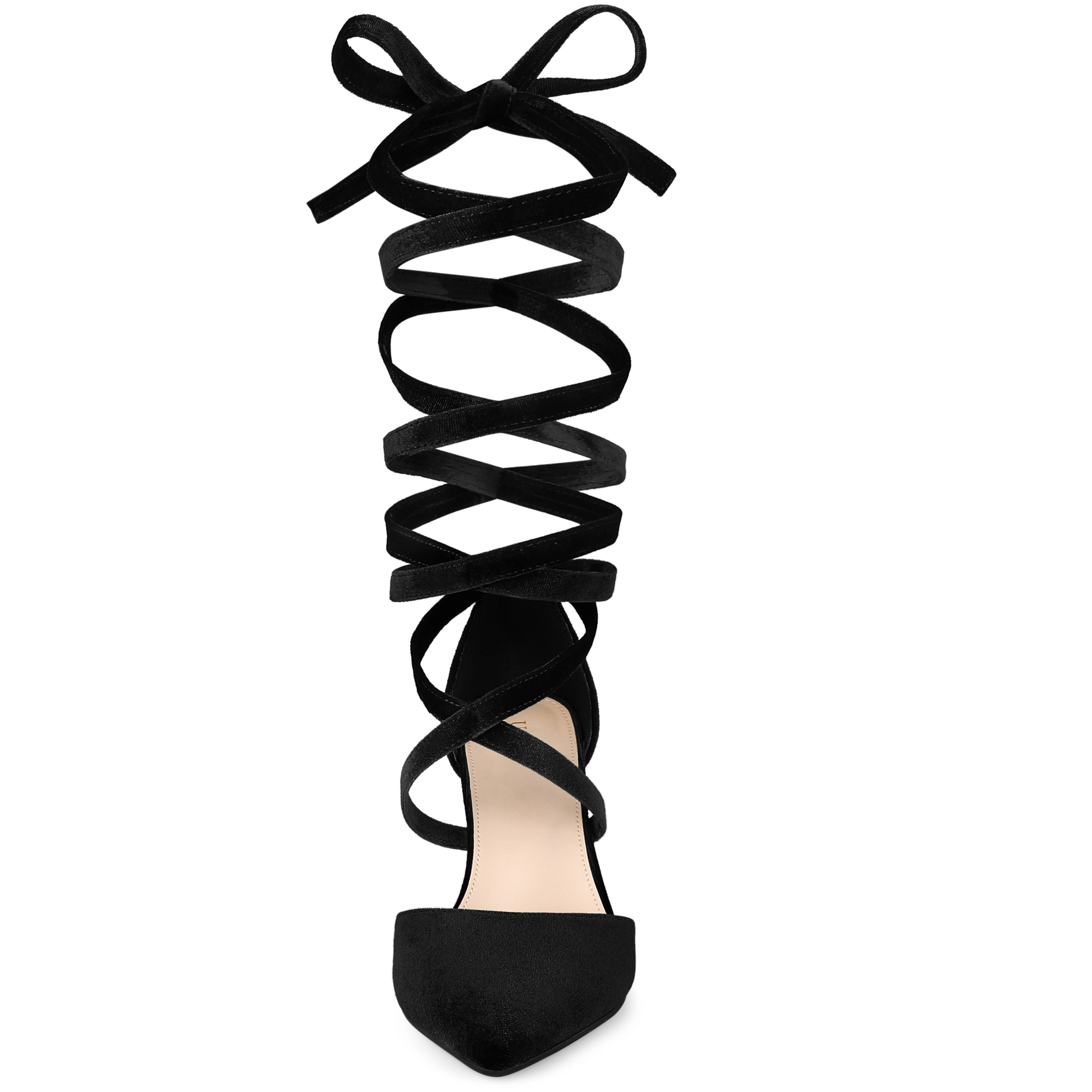 BLISSFUL STEP Women Velvet Lace Up Pointed Toe Chunky Heels Pumps Dress Shoes