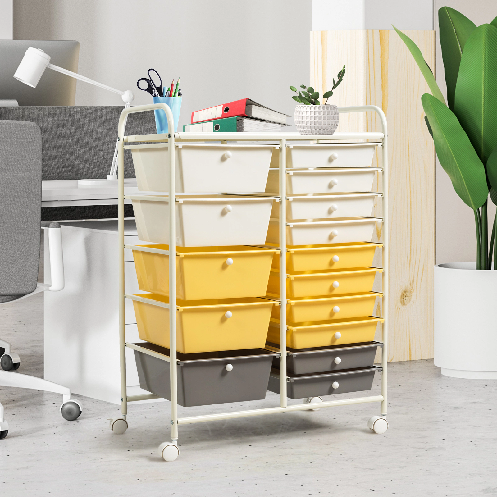 SUGIFT Yellow 15-Drawer Rolling Storage Cart Utility Organizer with Removable Drawers and Metal Frame
