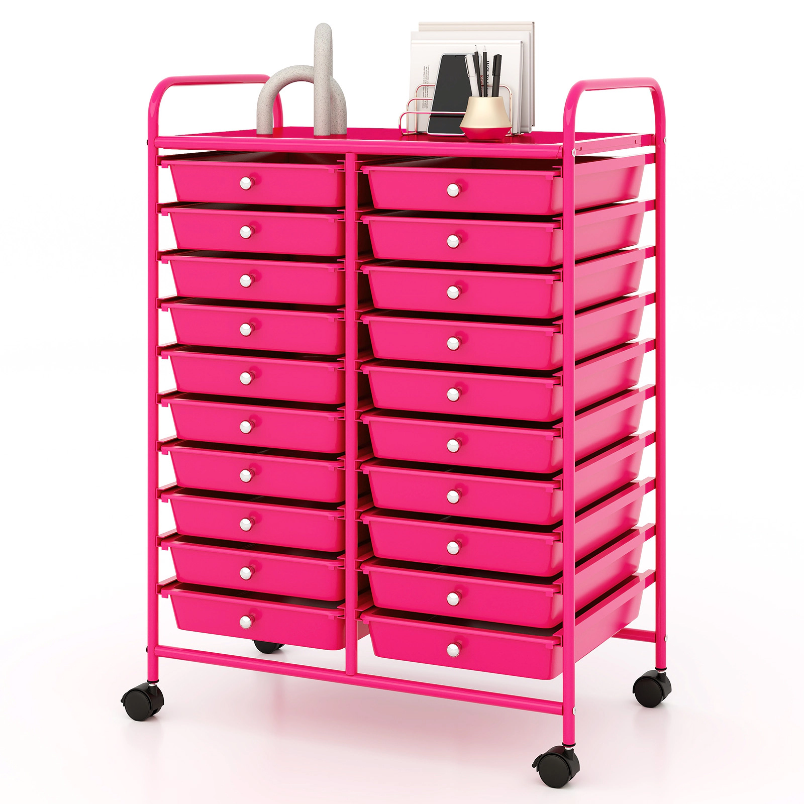 SUGIFT Pink 20-Drawer Rolling Storage Cart Organizer with Steel Frame Lockable Wheels and Top Shelf