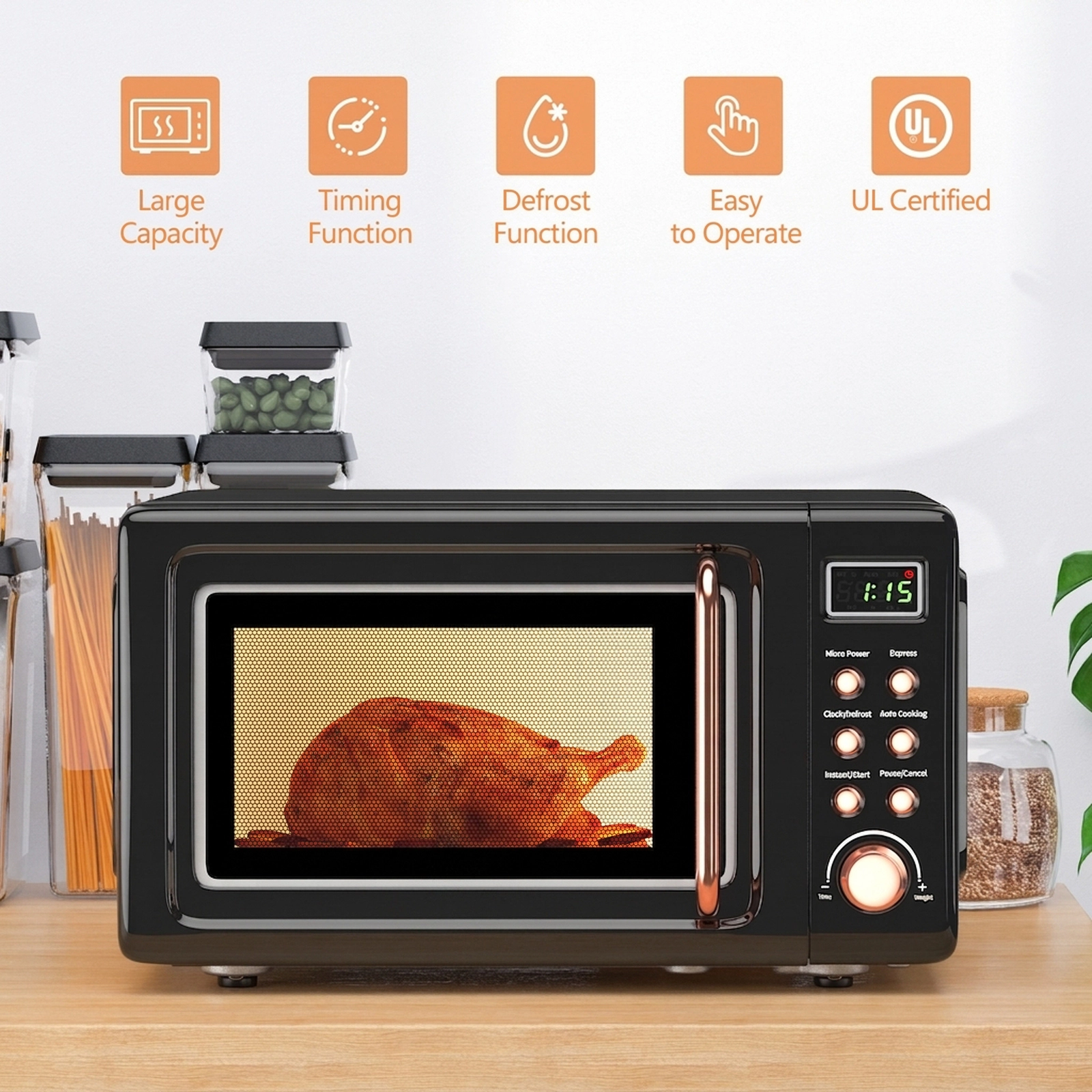 SUGIFT Black Retro Countertop Microwave Oven with Gold Trim and 5 Power Levels 0.7-Cu-Ft 700W 18-in W 14-in D
