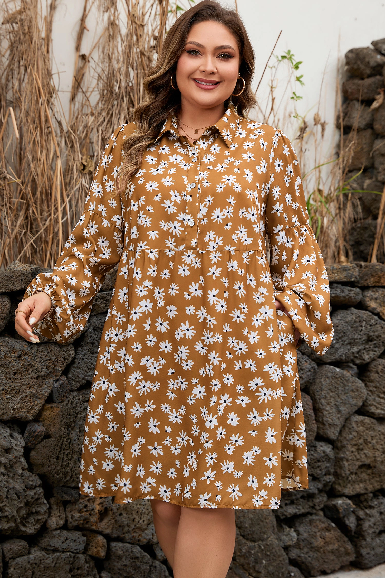 Threaded Pear Women's Miley Print Puff Sleeve PLUS Dress