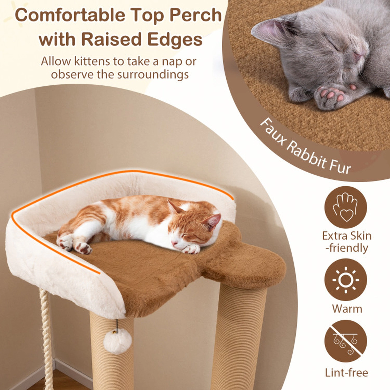 SUGIFT Caramel 44-in 33-lb Per Layer Cat Tree with 4.5-in Thick Posts Plush Perch and Dangling Ball