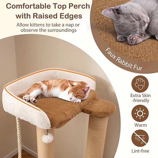 SUGIFT Caramel 44-in 33-lb Per Layer Cat Tree with 4.5-in Thick Posts Plush Perch and Dangling Ball