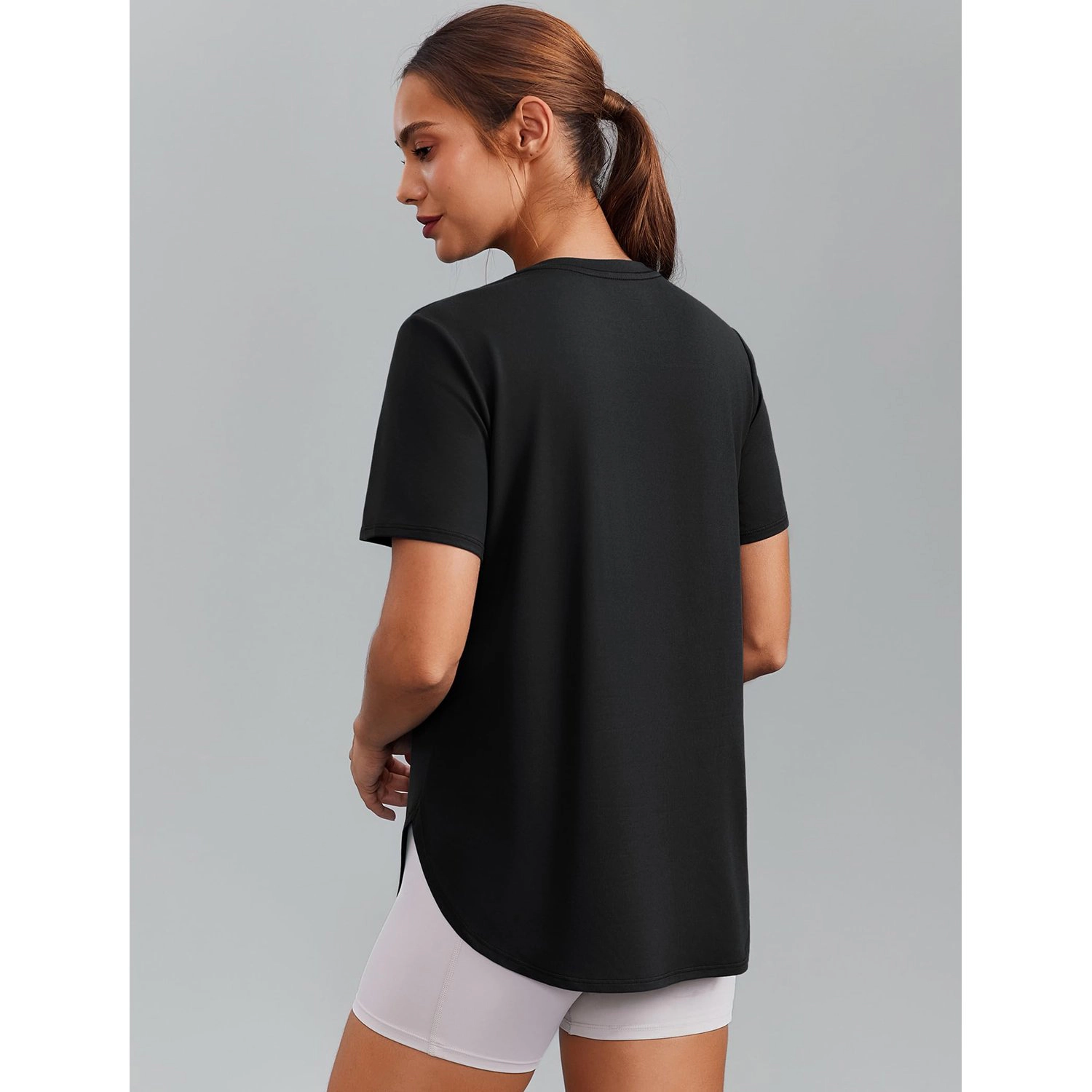 Pinspark Womens Solid Short Sleeve Tee Crew Neck Curved Hem Loose Casual Workout Tops