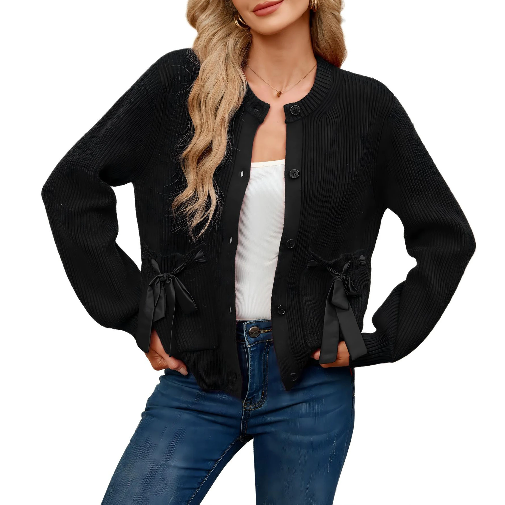 YesFashion Women's Side Tie Long Sleeve Button Cardigan Sweaters Open Front Fall Winter Outfits
