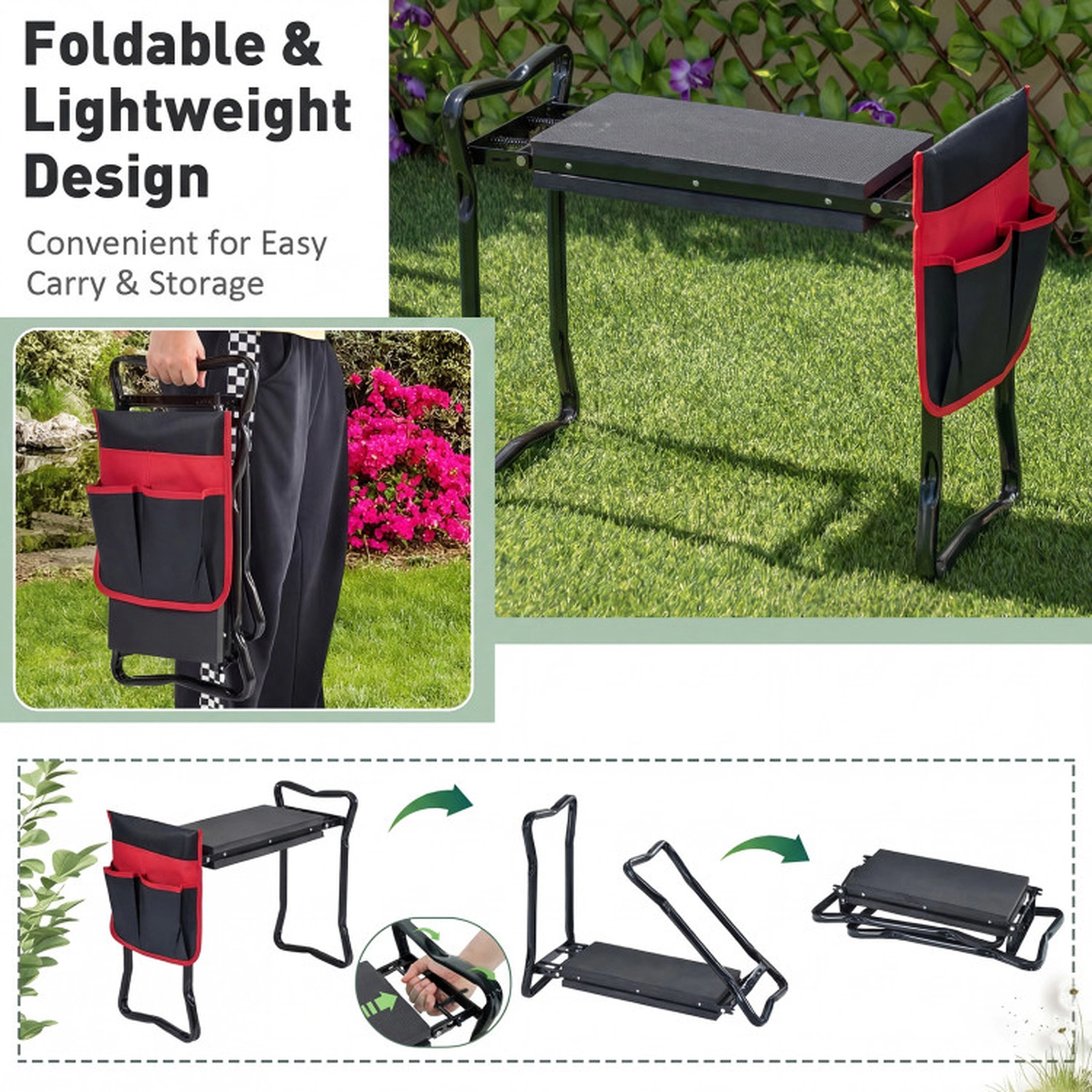 SUGIFT Folding Steel Garden Kneeler and Seat Stool 300-lb Capacity 16 x 8-in Pad 24 x 11 x 19.5-in 5.7-lb Black
