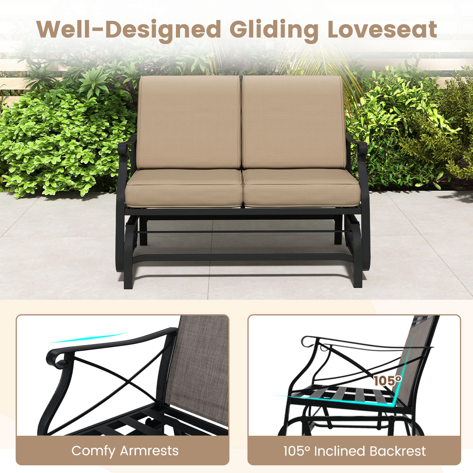 LJG Outdoor 2-Person Glider Rocking Chair Loveseat with Thick Cushions and Metal Frame