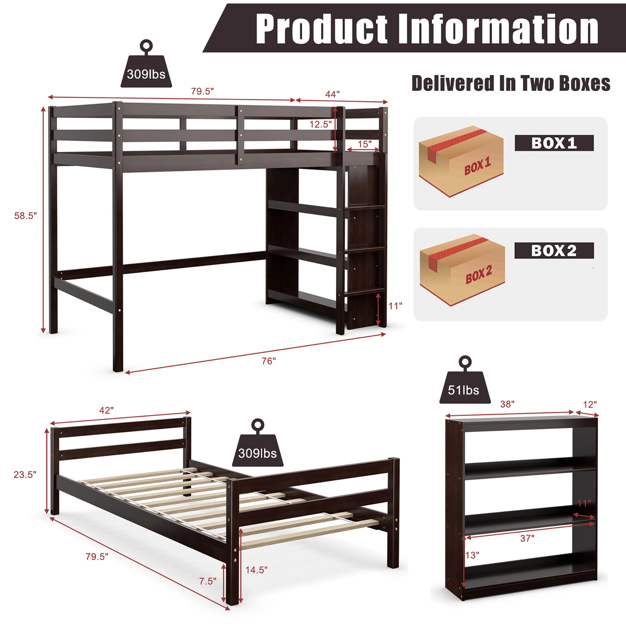 Costway Twin Over Loft Bunk Bed Wood w/Bookcase Guardrail Ladder Kids Bedroom