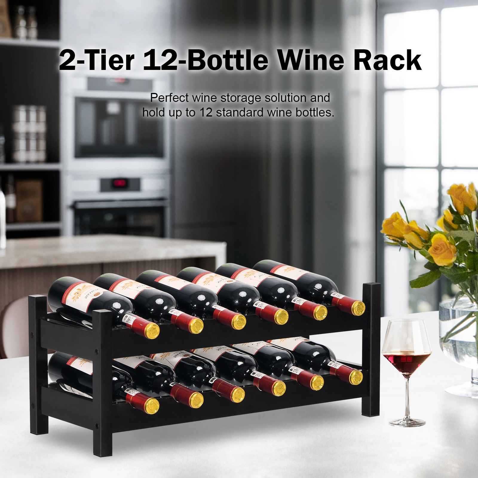 SUGIFT 2-Tier 12-Bottle Bamboo Storage Shelf Wine Rack 23.5 x 9.5 x 10 in Brown Natural Finish