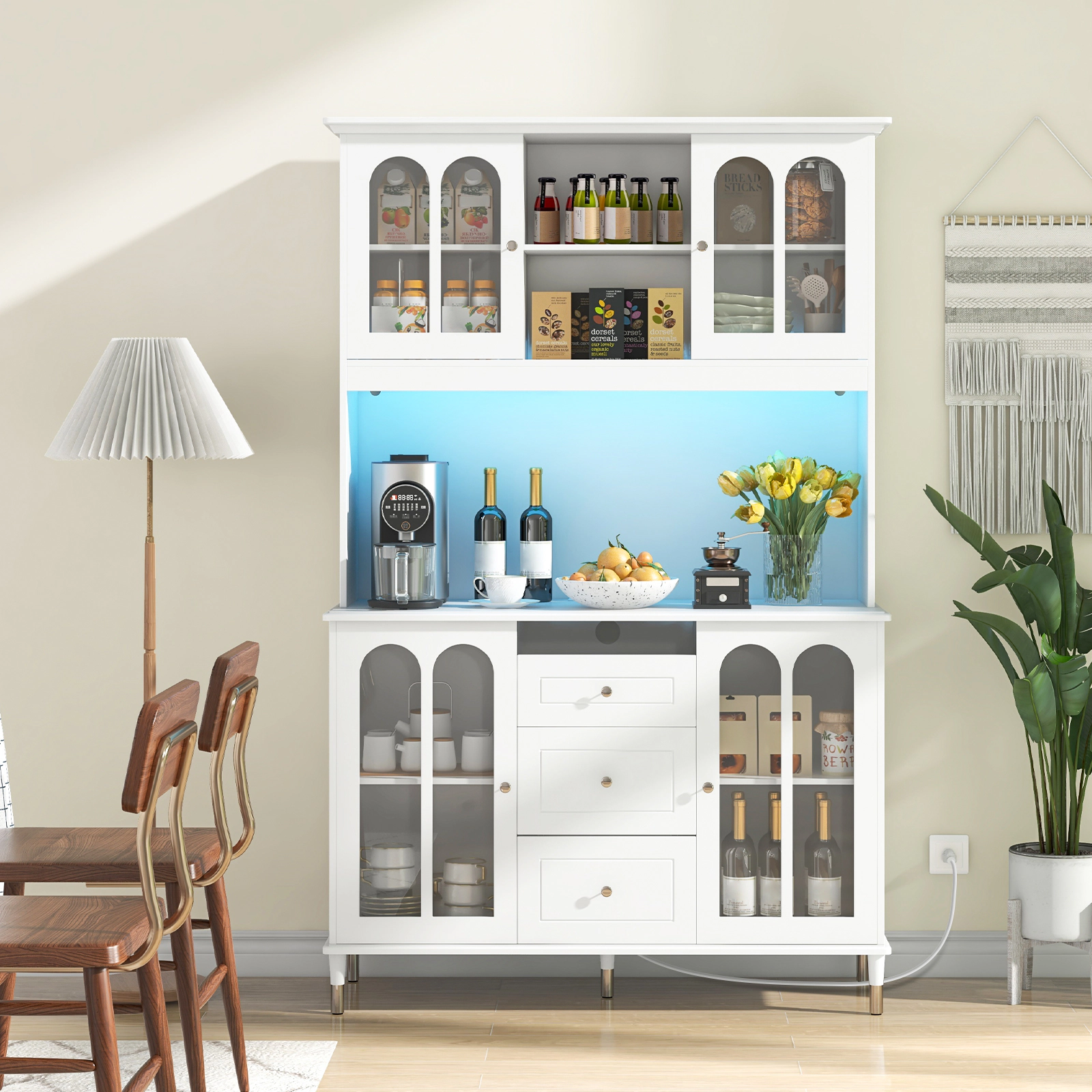 Glintex 73-Inch Pantry Cabinet with LED Lighting and Charging Station, White