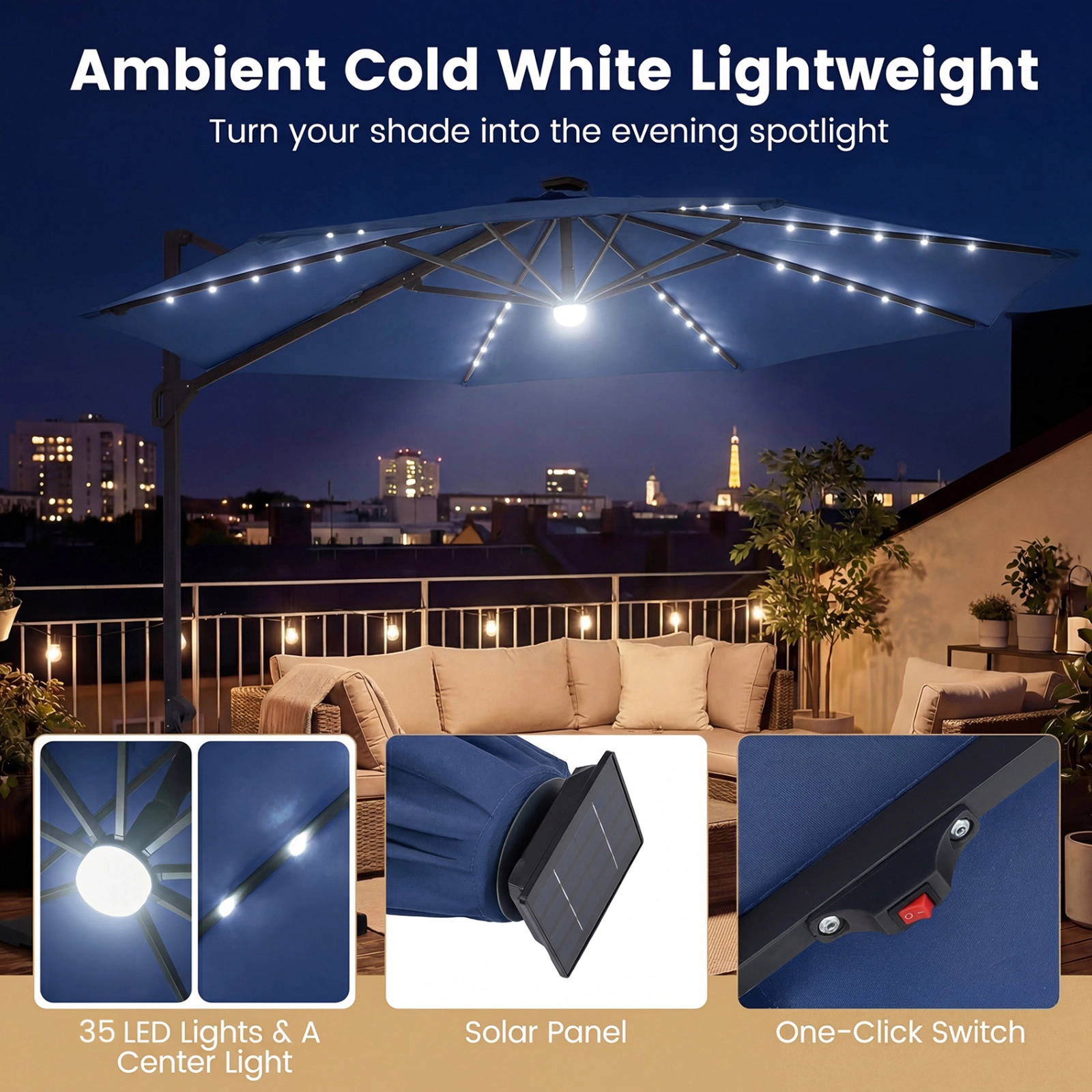 SUGIFT 10 ft Navy Blue Cantilever Patio Umbrella, 6-Level Tilt, 360-Degree Rotation, Solar LED Lights