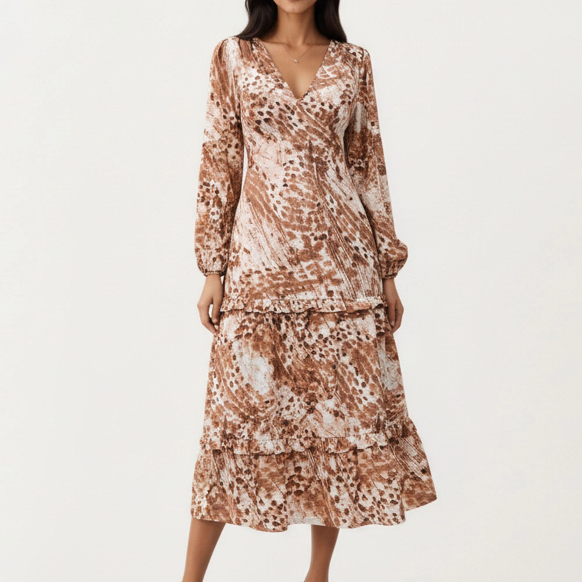 Anna-Kaci Women's Brown Animal Print Long Sleeve V Neck Tiered Dress