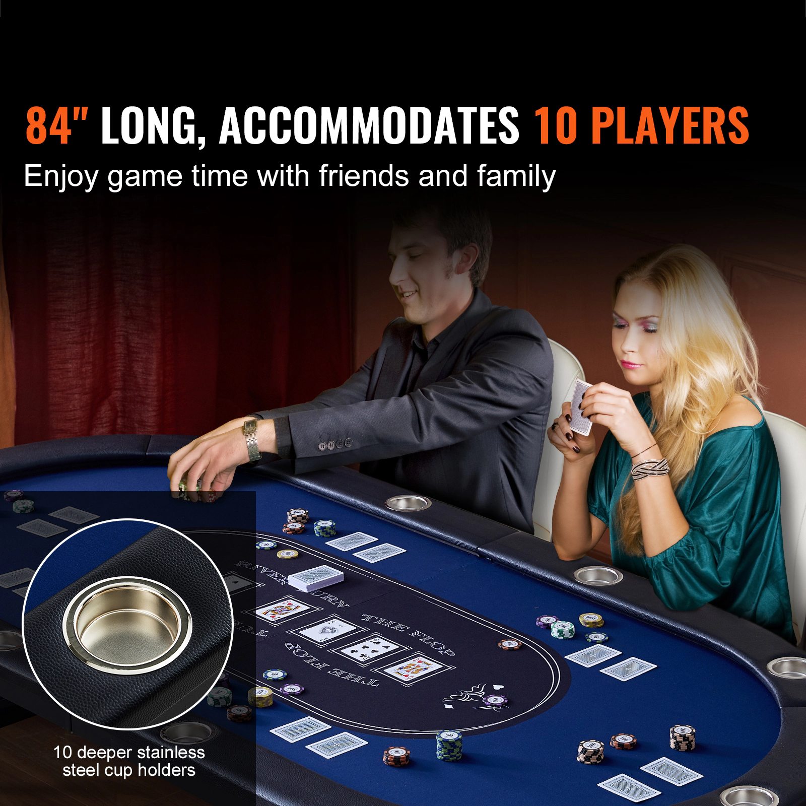 HONGGE Foldable Poker Table Player Folding Casino Leisure Table with Padded Rails and Cup Holders Oval Portable Game