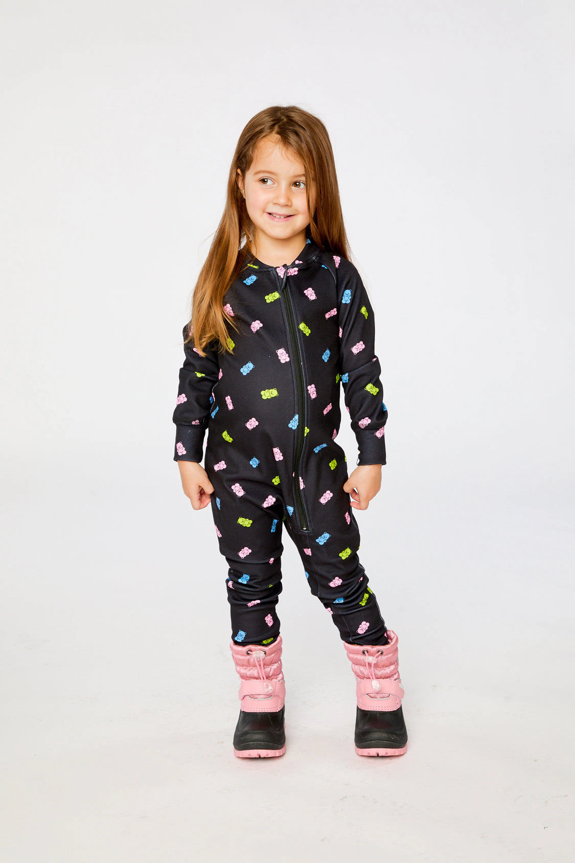Deux par Girls One Piece Asymmetric Zip Thermal Underwear with Printed Gummy Bears