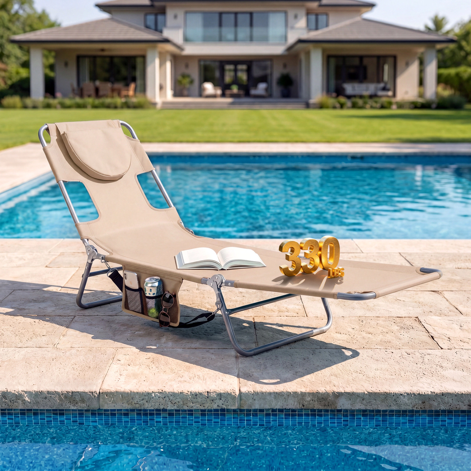 LJG Folding Beach Lounge Chair with Adjustable Backrest for Lawn