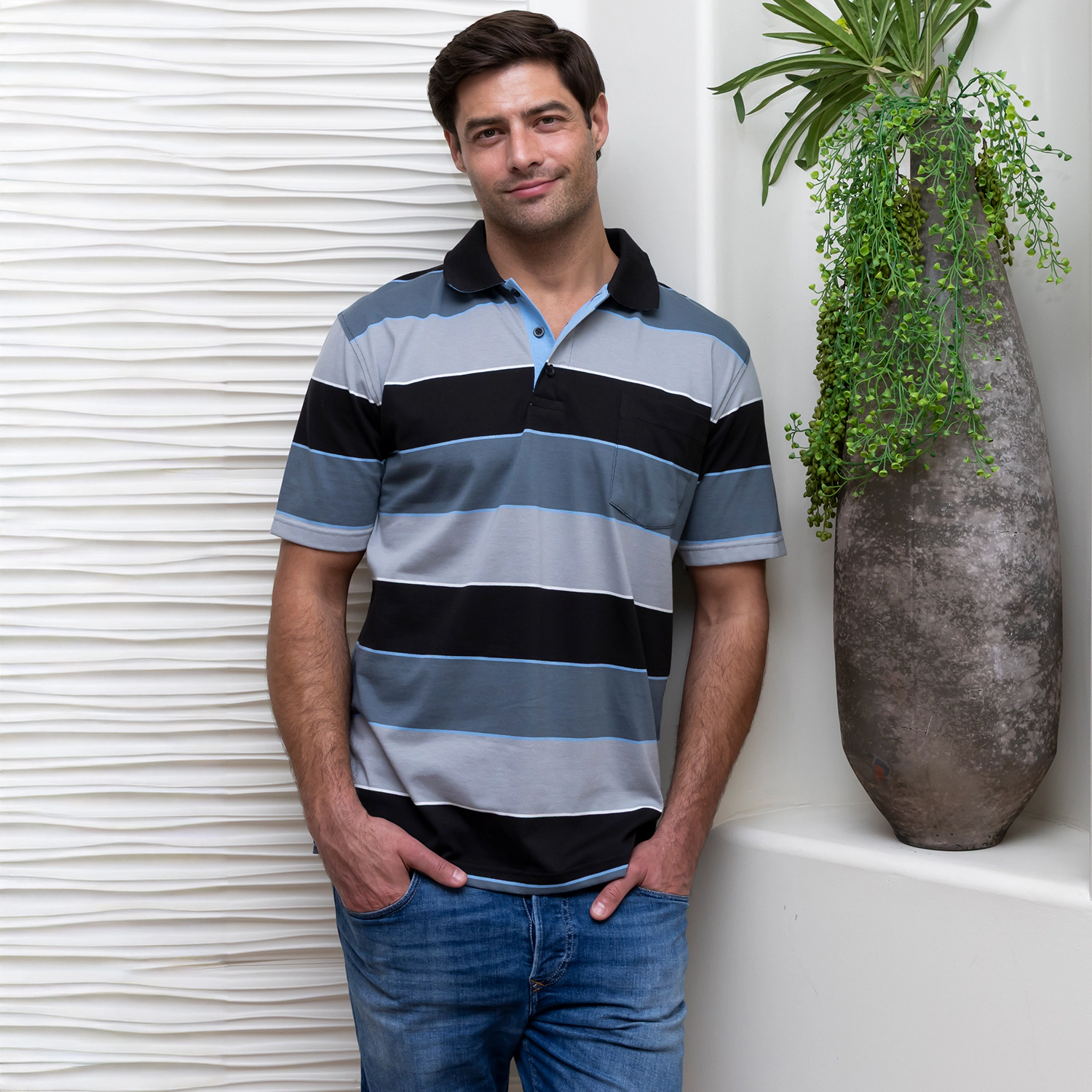 Gioberti Men's Slim Fit Wide Striped Polo Shirt With Pocket - Contrasting Collar Short Sleeve Yarn Dye