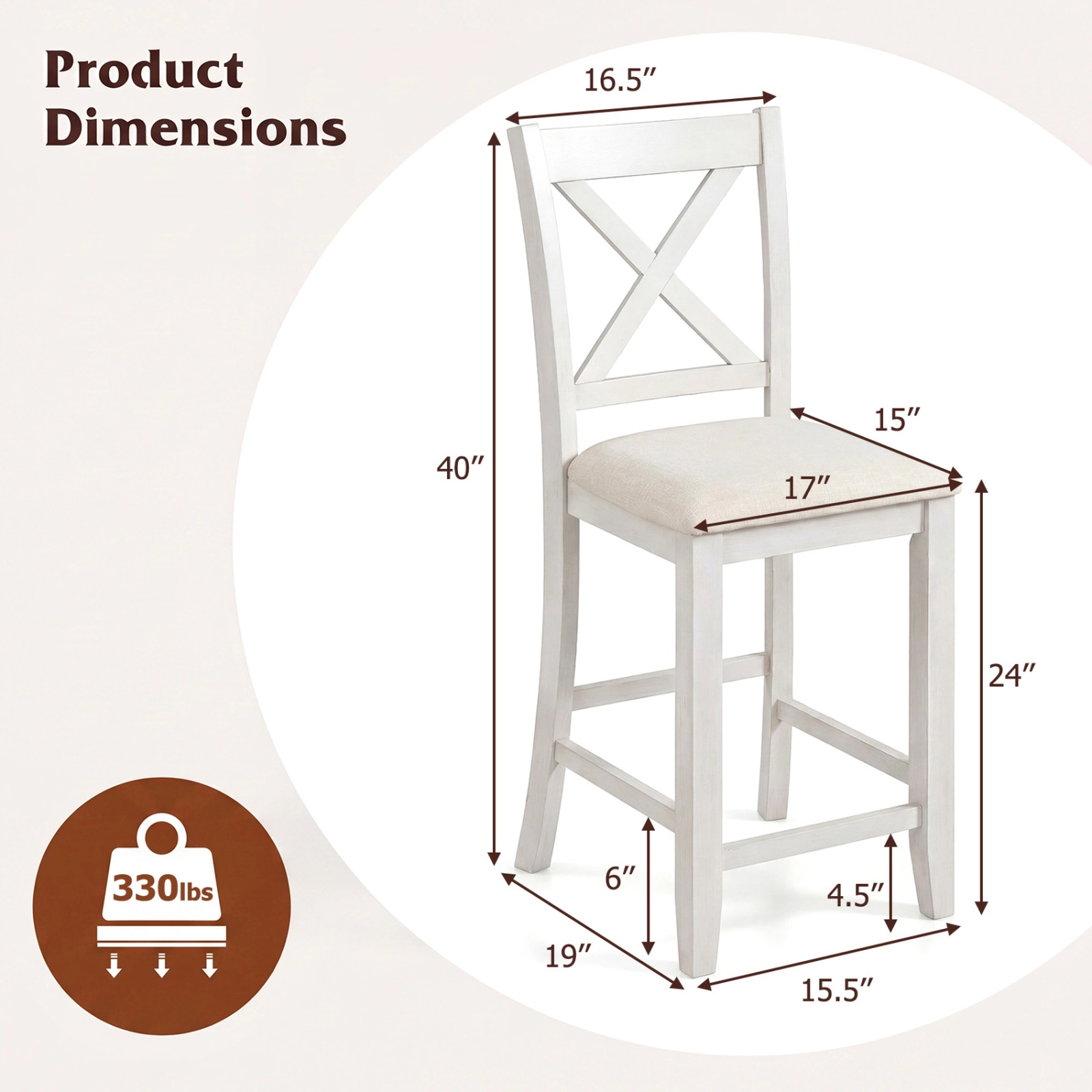 SUGIFT Slatted Back and Linen Cushion Set of 2 Modern Farmhouse Counter Height Stool