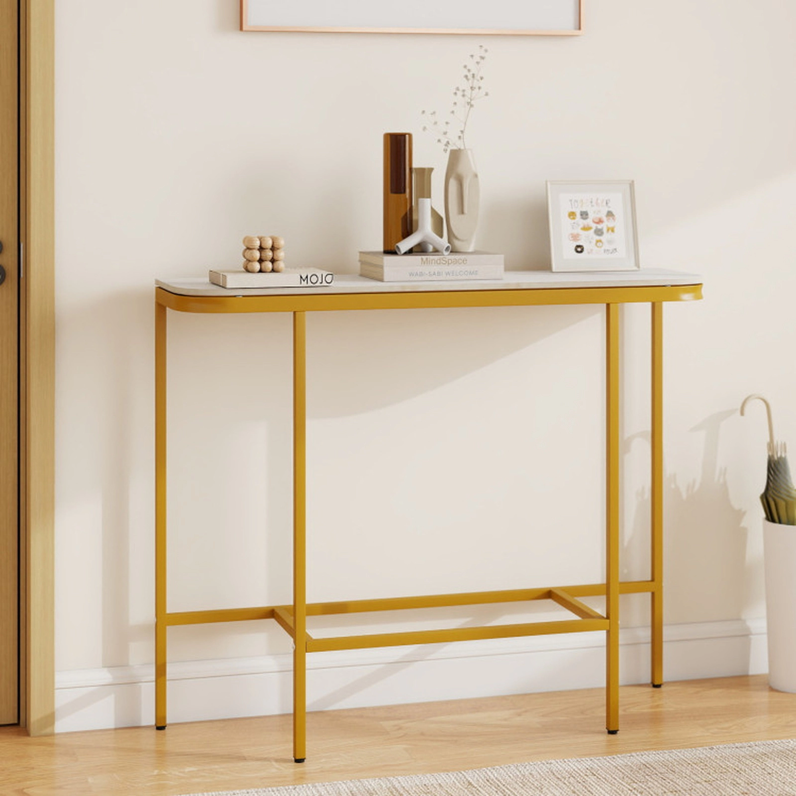 SUGIFT Faux Marble Console Entryway Table 66-lb Capacity 36-in Tall White + Gold/Gray + Black