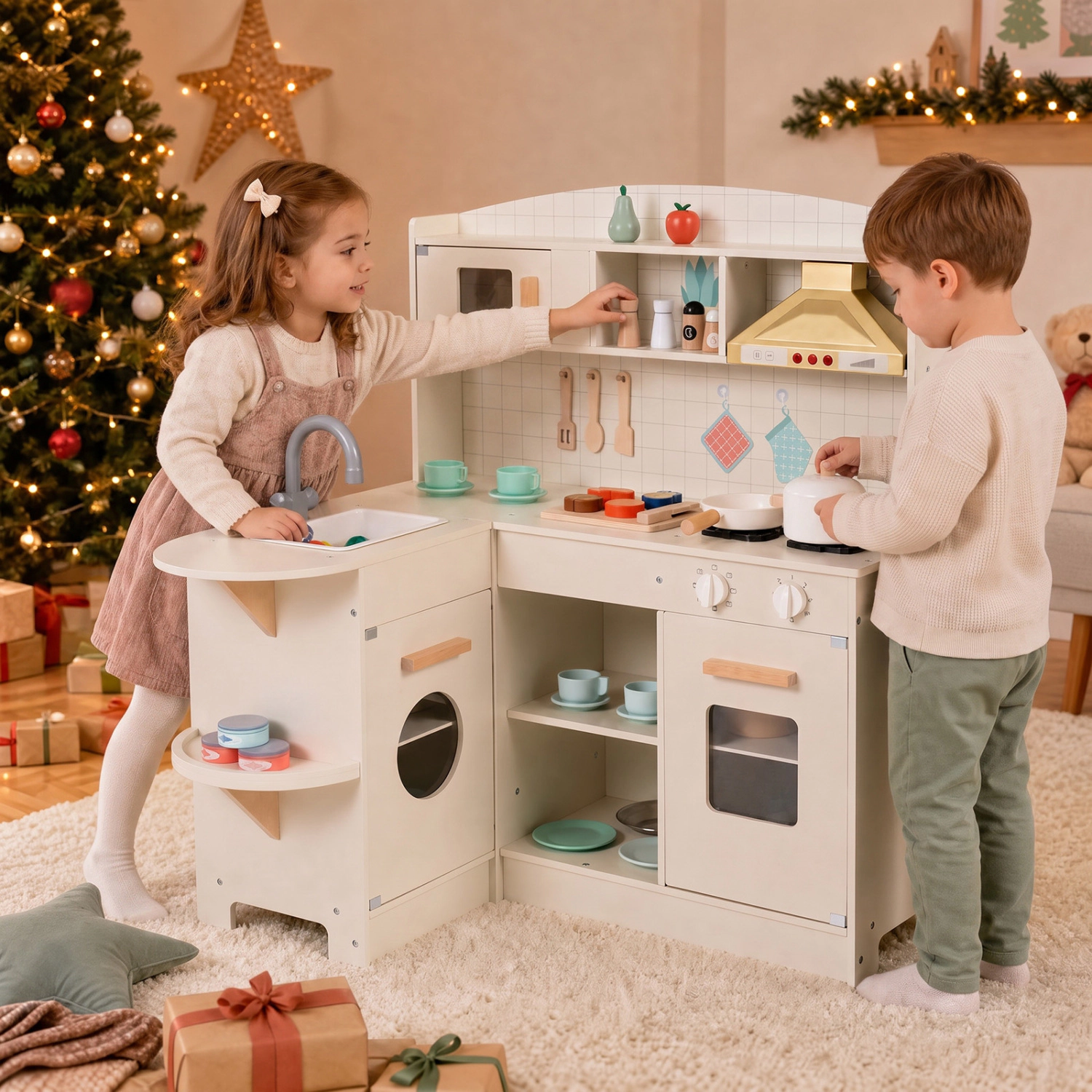 LJG Kids Wooden Play Kitchen with Lights & Sounds and Stove Microwave Sink for Ages 3+