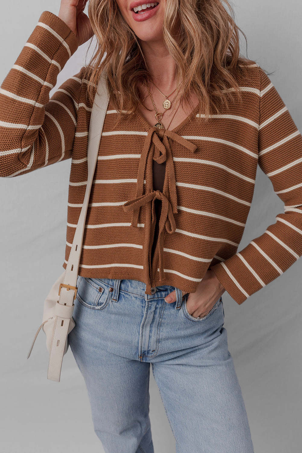 Threaded Pear Women's Lilly Striped Knit Cardigan Sweater