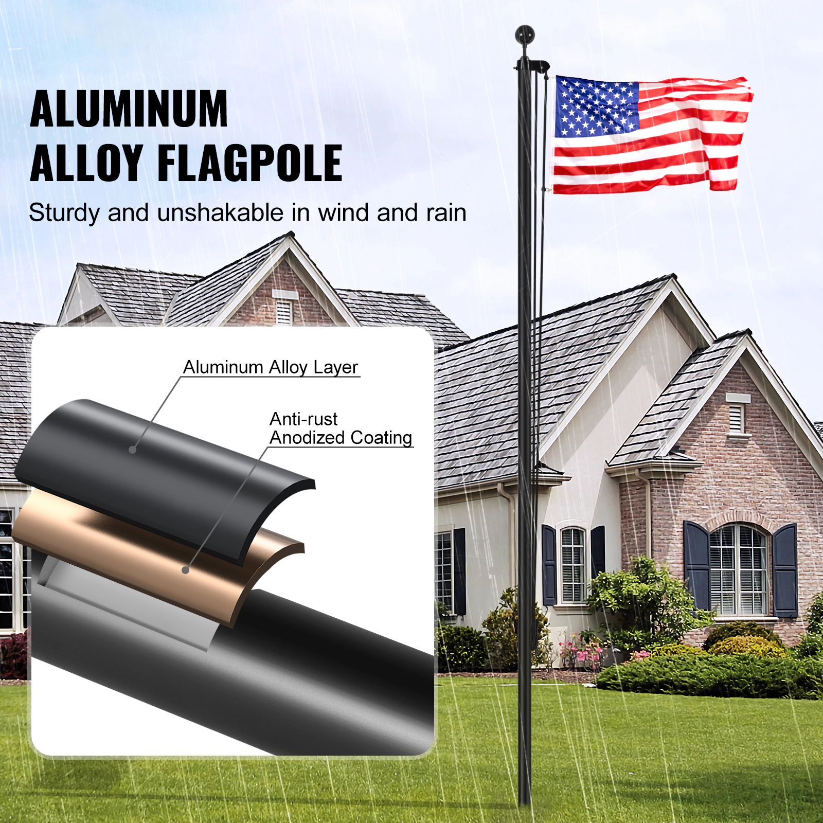 HONGGE Sectional Flag pole Kit Heavy Duty Aluminum Alloy in Ground Flag poles for Outside 3 Display Modes Flagpole with