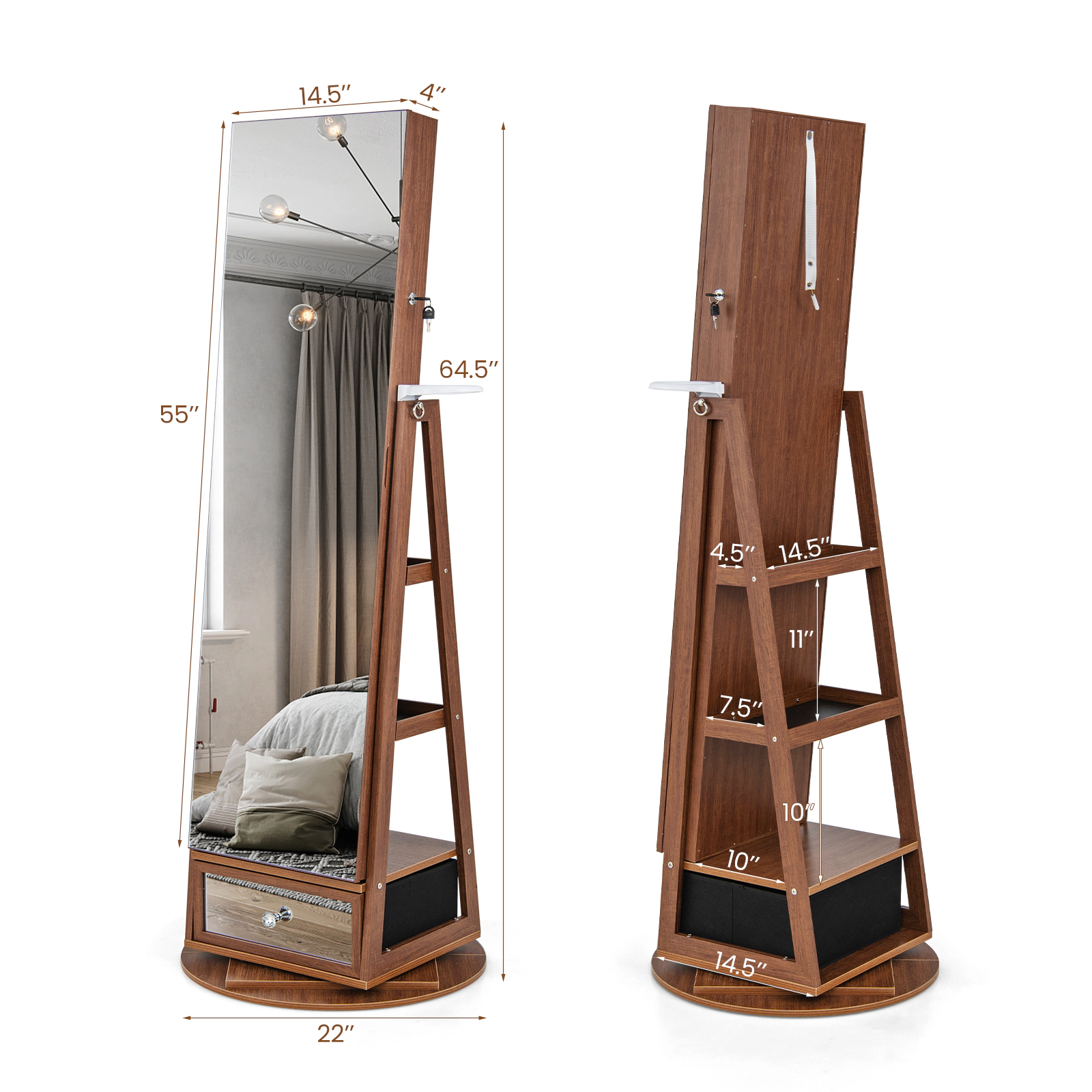 SUGIFT Walnut 360-Degree Swivel Lockable Jewelry Cabinet with Full-Length Mirror LED Lights and Dryer Holder