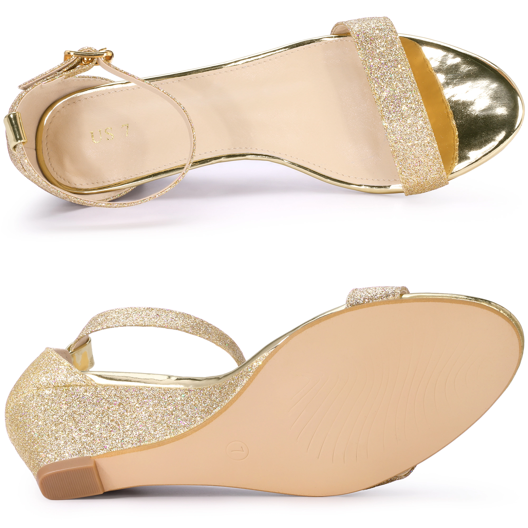BLISSFUL STEP Women's Glitter Open Toe Wedge Heel Ankle Strap Sandals