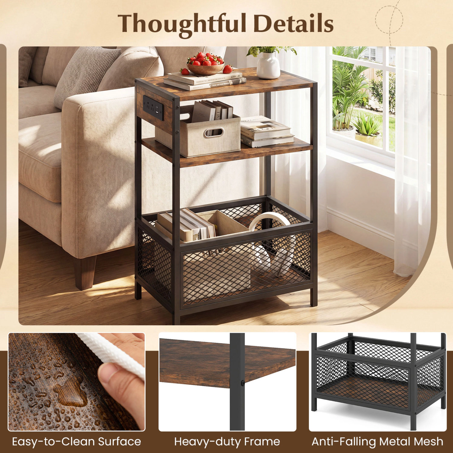 Glintex 3-Tier Industrial Side Table with Charging Ports and Anti-Falling Mesh, Rustic Brown