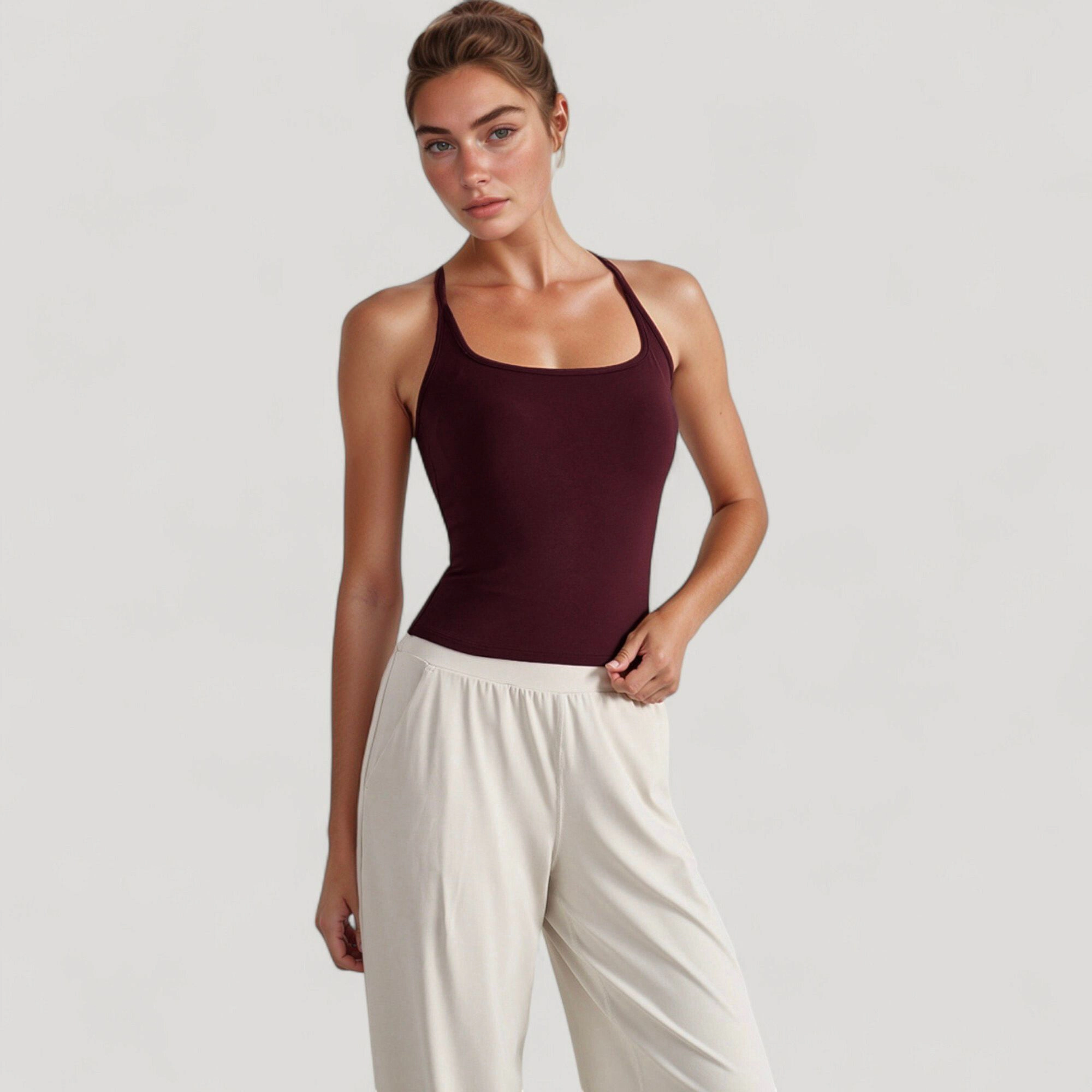 Anna-Kaci Women's Fitted Square Neck Tank Top with Built-In Bra and Racerback Design for Active Casual Comfort