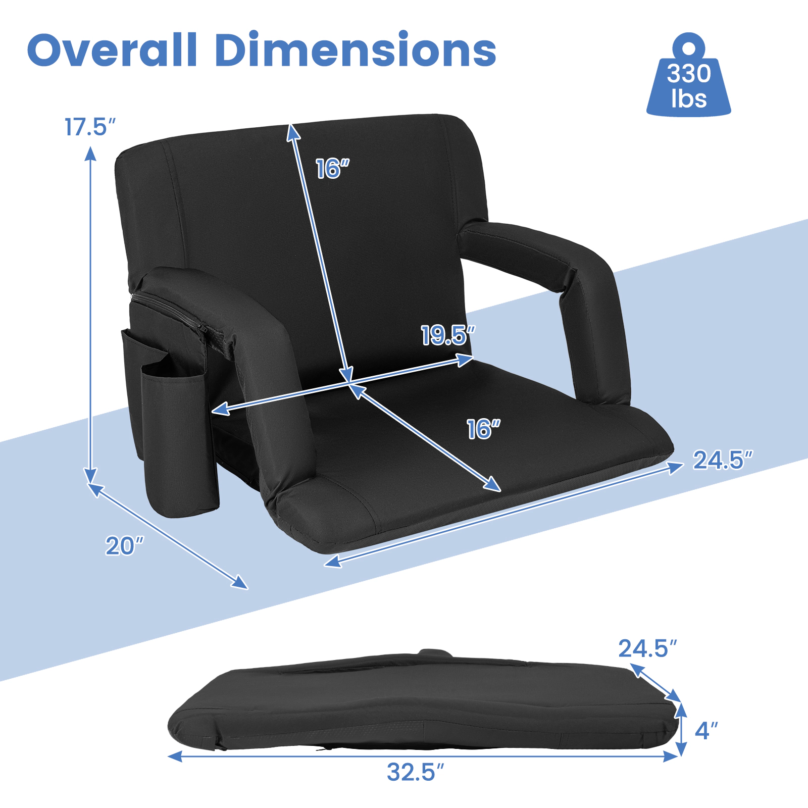 SUGIFT 6-Position Adjustable Backrest Stadium Seat Cushion Ottoman 330-lb Capacity 24.5-in Wide 8-lb Portable Black