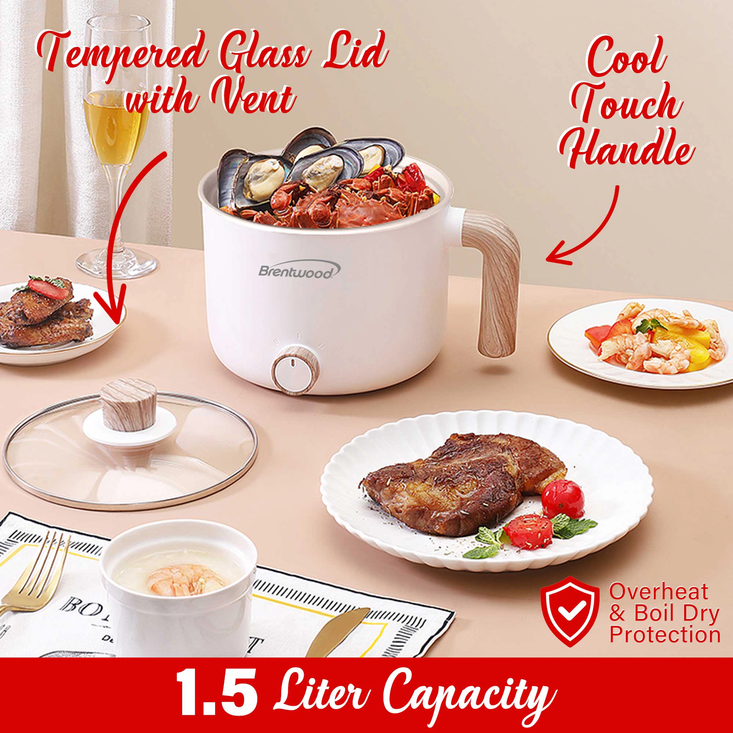 Brentwood 1.5Liter Multi-Function Electric Hot Pot Cooker in White with Ceramic Non-Stick Coating