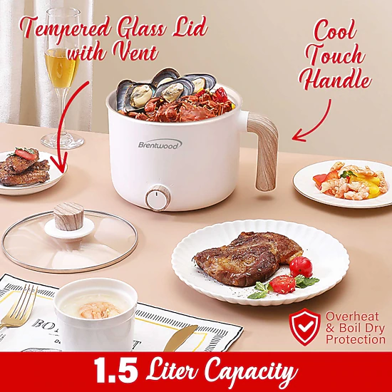 Brentwood 1.5Liter Multi-Function Electric Hot Pot Cooker in White with Ceramic Non-Stick Coating