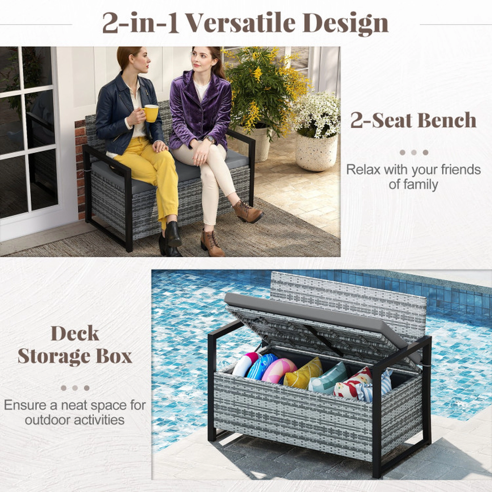 SUGIFT Gray 40-Gallon 800-lb Capacity Wicker Outdoor Storage Bench Loveseat with Cushion and Liner