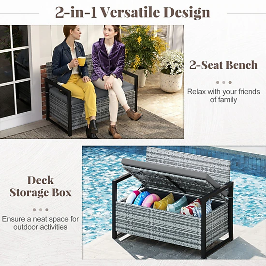 SUGIFT Gray 40-Gallon 800-lb Capacity Wicker Outdoor Storage Bench Loveseat with Cushion and Liner