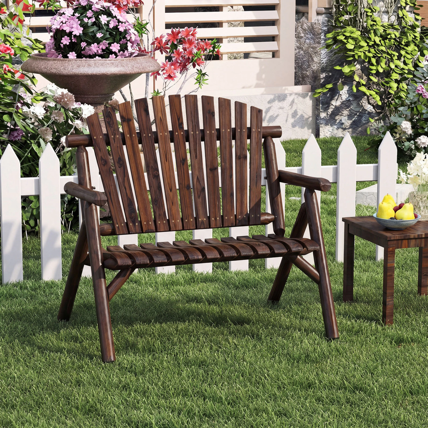 LJG 2-Person Log Wood Patio Bench with Slatted Backrest for Deck Backyard