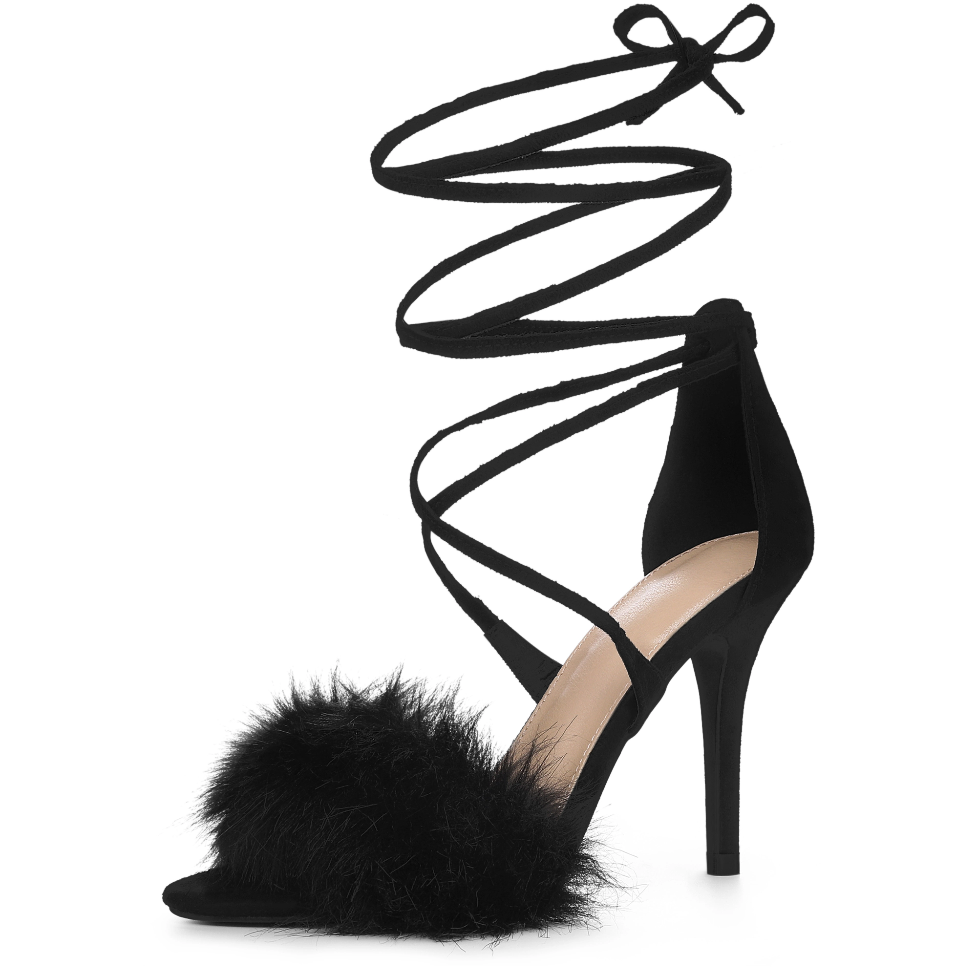 BLISSFUL STEP Women's Faux Fur Lace Up Stiletto Heel Ankle Wrap Tie Sandals