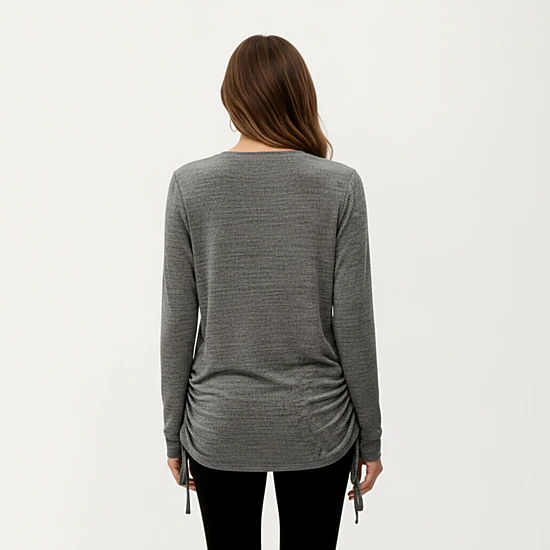 Anna-Kaci Women's V-Neck Side Drawstring Ruched Hem Long Sleeve Knit Top