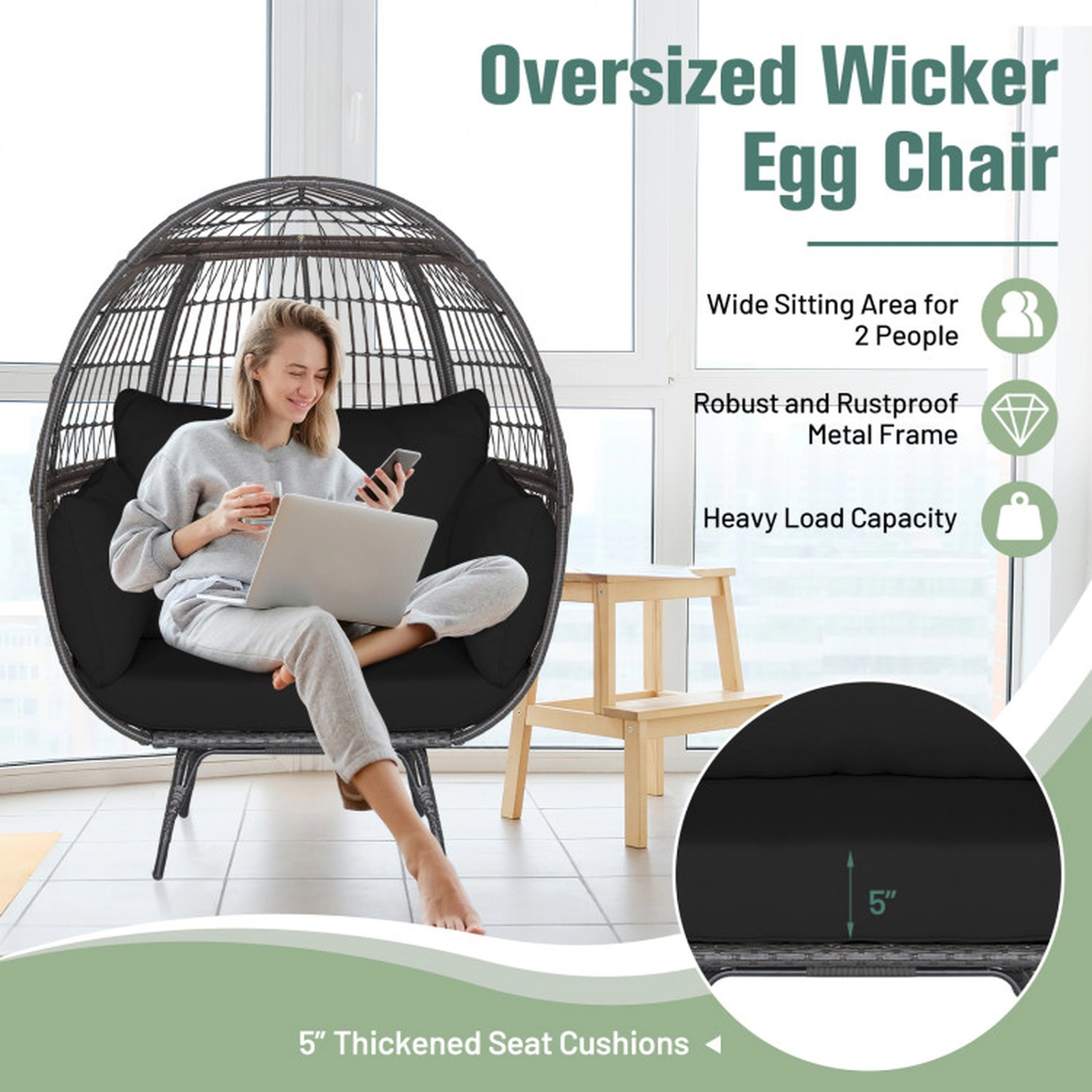 SUGIFT 450-lb Capacity Oversized Indoor Outdoor Hand Woven PE Wicker Egg Chair with Sturdy Metal Frame