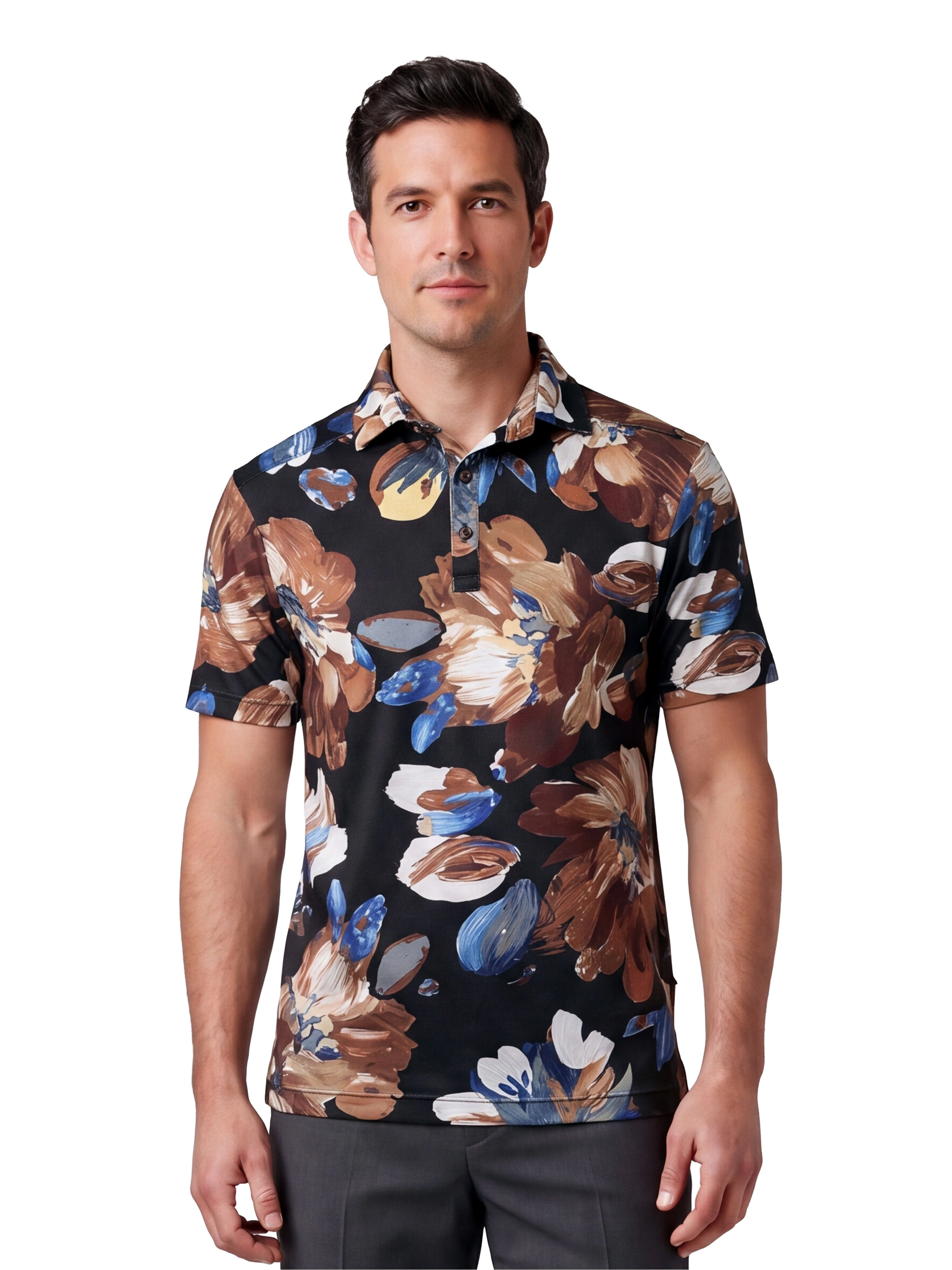 24sevenMen Wrinkle Resistant 3 Button Machine Washable Brown Floral Polo Shirt