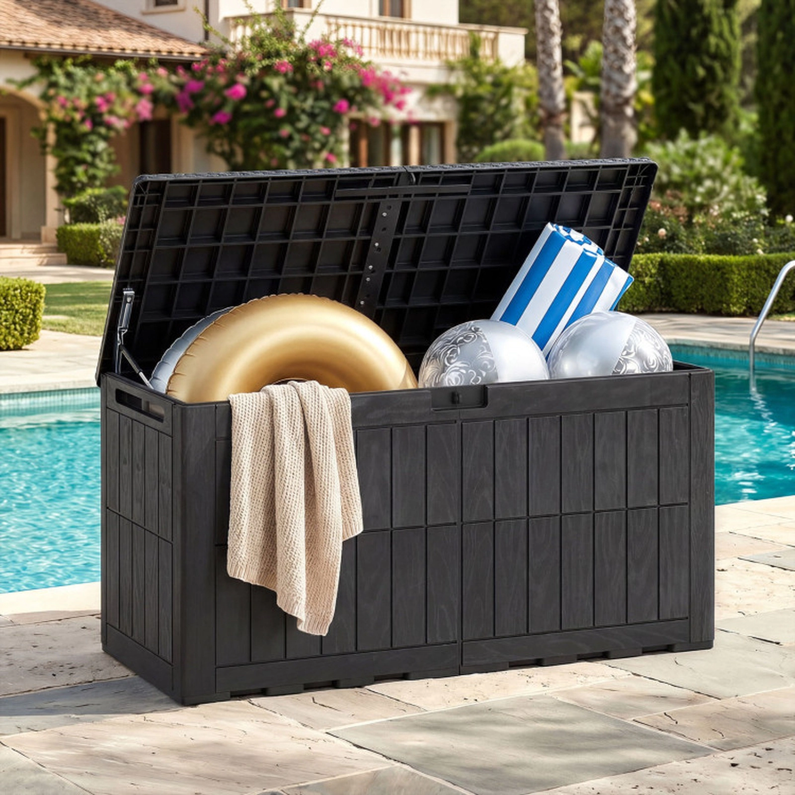 SUGIFT 100-Gallon Lockable Waterproof PP Outdoor Deck Storage Box 47.5-in x 21-in x 24-in 310-lb Seat Capacity Black