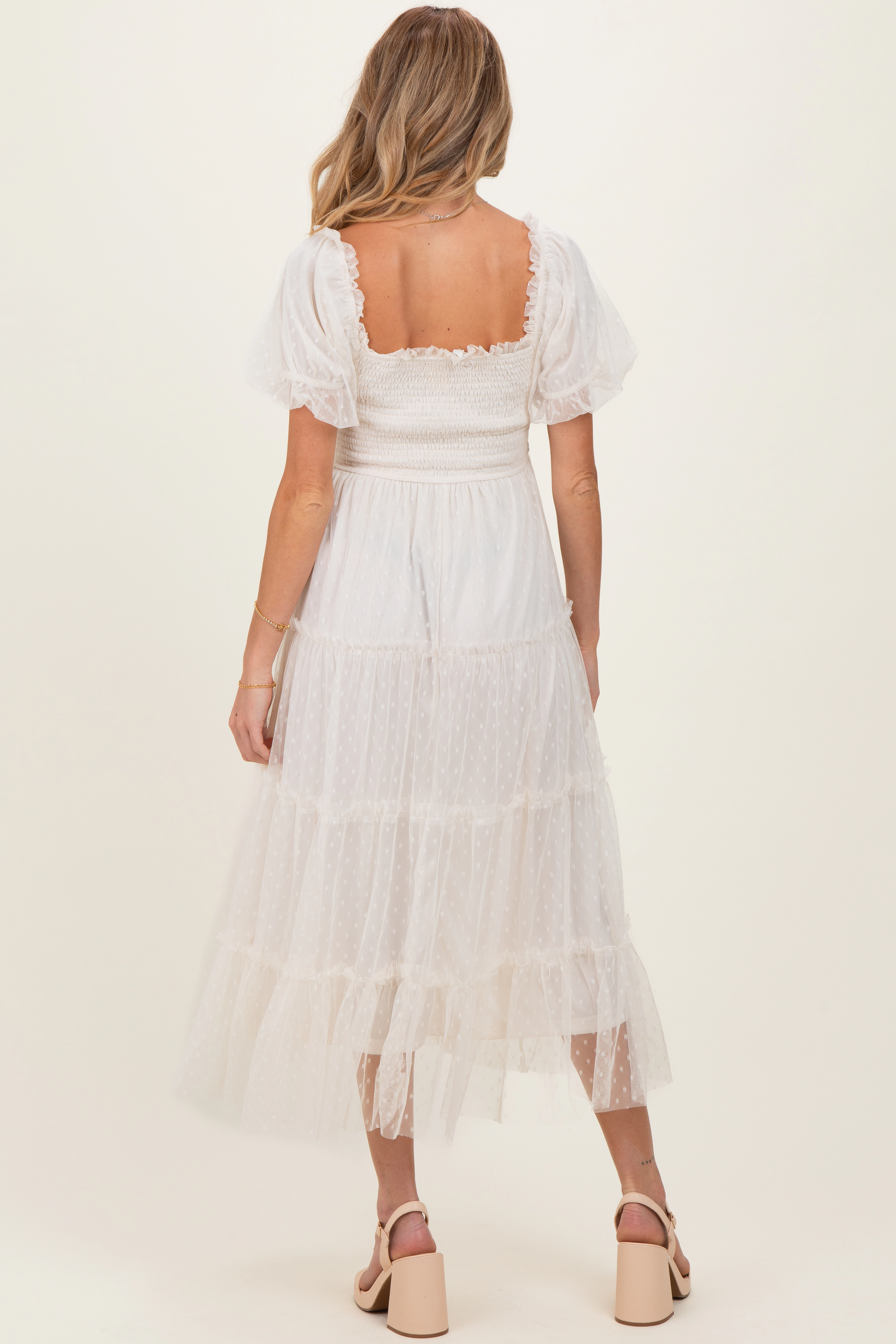 PinkBlush Womens CreamTulle Puff Sleeve Smocked Maternity Midi Dress