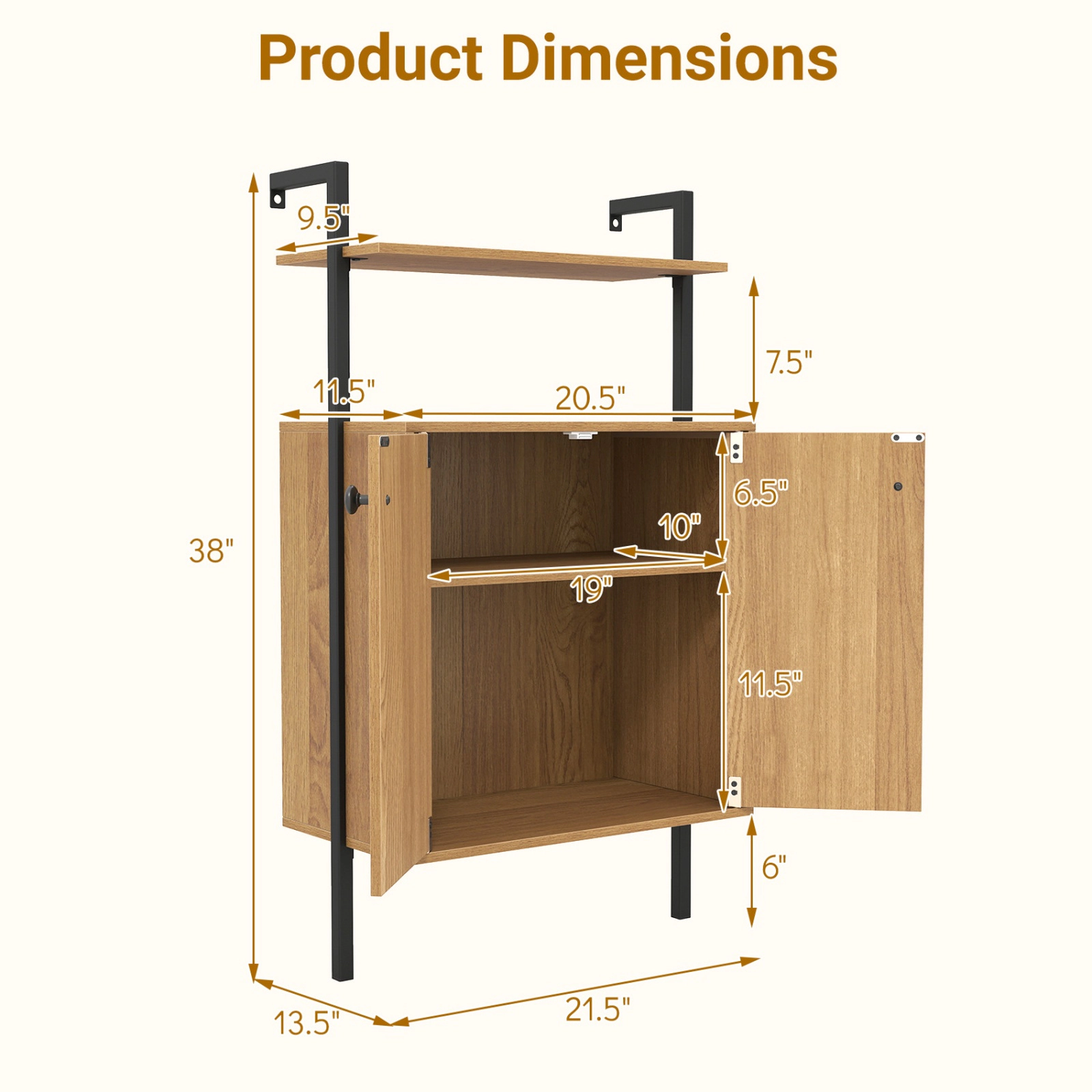 SUGIFT Natural 2-Door Wall Mount Bookshelf with Storage Cabinet and Open Shelves