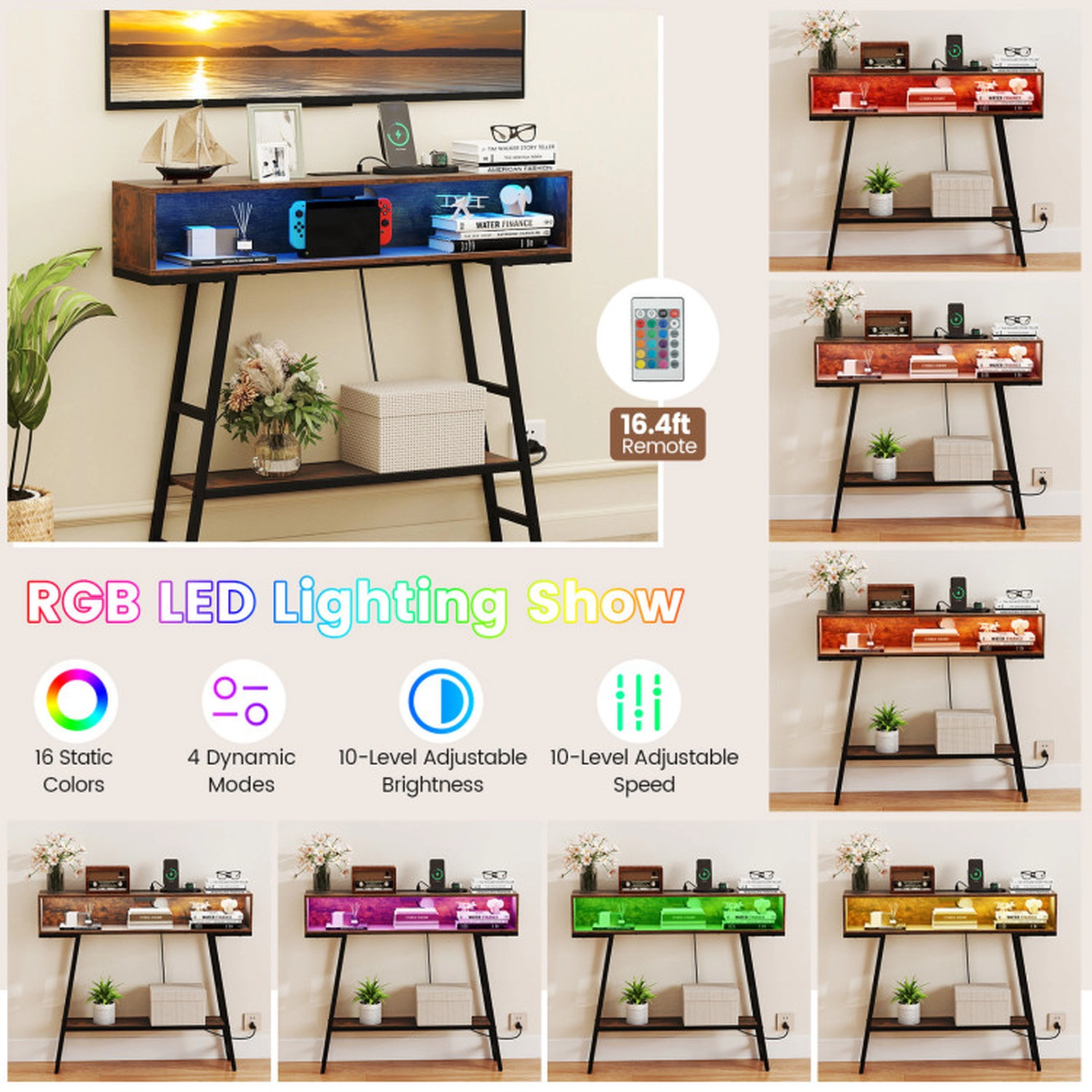 SUGIFT Engineered Wood Metal Frame RGB LED USB C Charging Console Table In Rustic Brown
