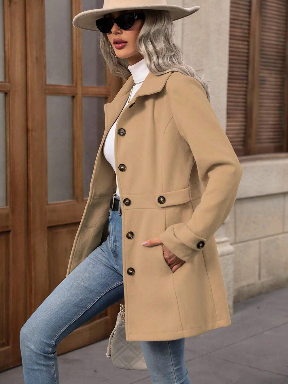 KOJOOIN Women Lapel Wool Blend Coat Mid‑Length Outercoat Long Sleeve Jacket for Fall Winter Dressy Wear