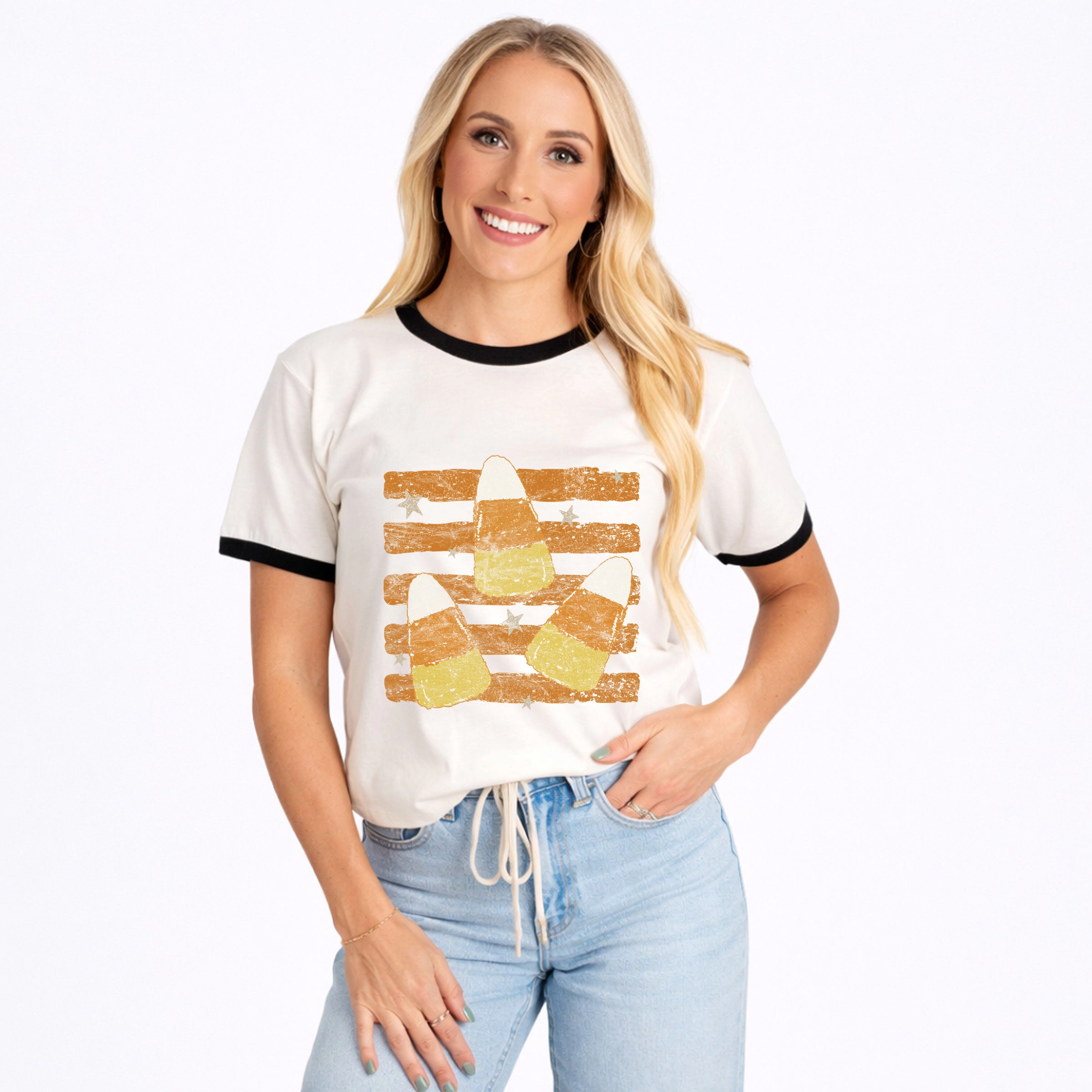 Simply Sage Market - Women's Ringer Graphic T-Shirt Candy Corn Orange Stripes